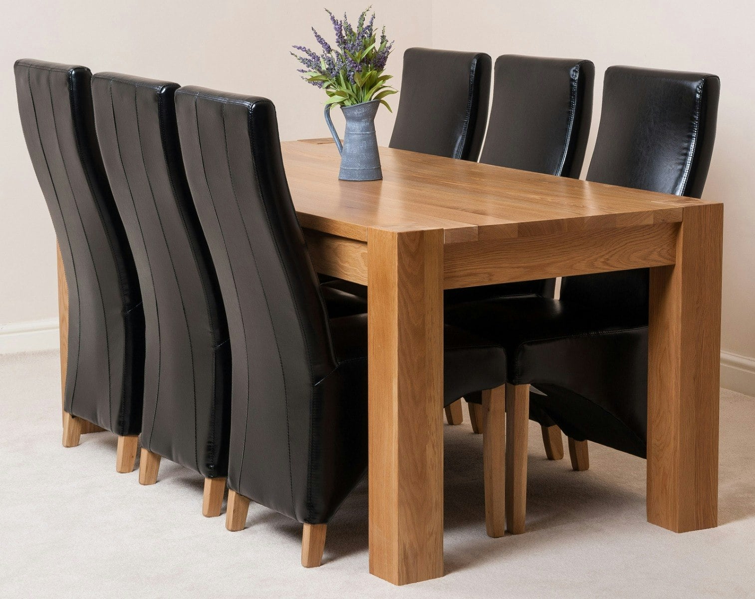 Rackhams Black Kuba Large Oak Dining Table With Lola Leather Chairs - 6 Chairs
