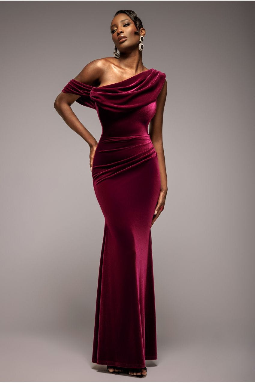 Goddiva Burgundy/Red Cowl One Shoulder Velvet Maxi Dress - By - 18