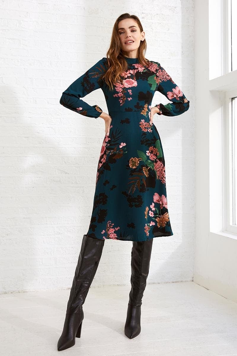 Izabel London Floral High Neck Midi Dress - Teal - 16