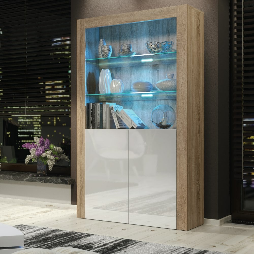 Mex Furniture White Premium 170Cm Cabinet Sideboard High Gloss Doors Cupboard & Display & Free Led Lights - 170Cm - Oak Matt Body & Gloss Doors - 1
