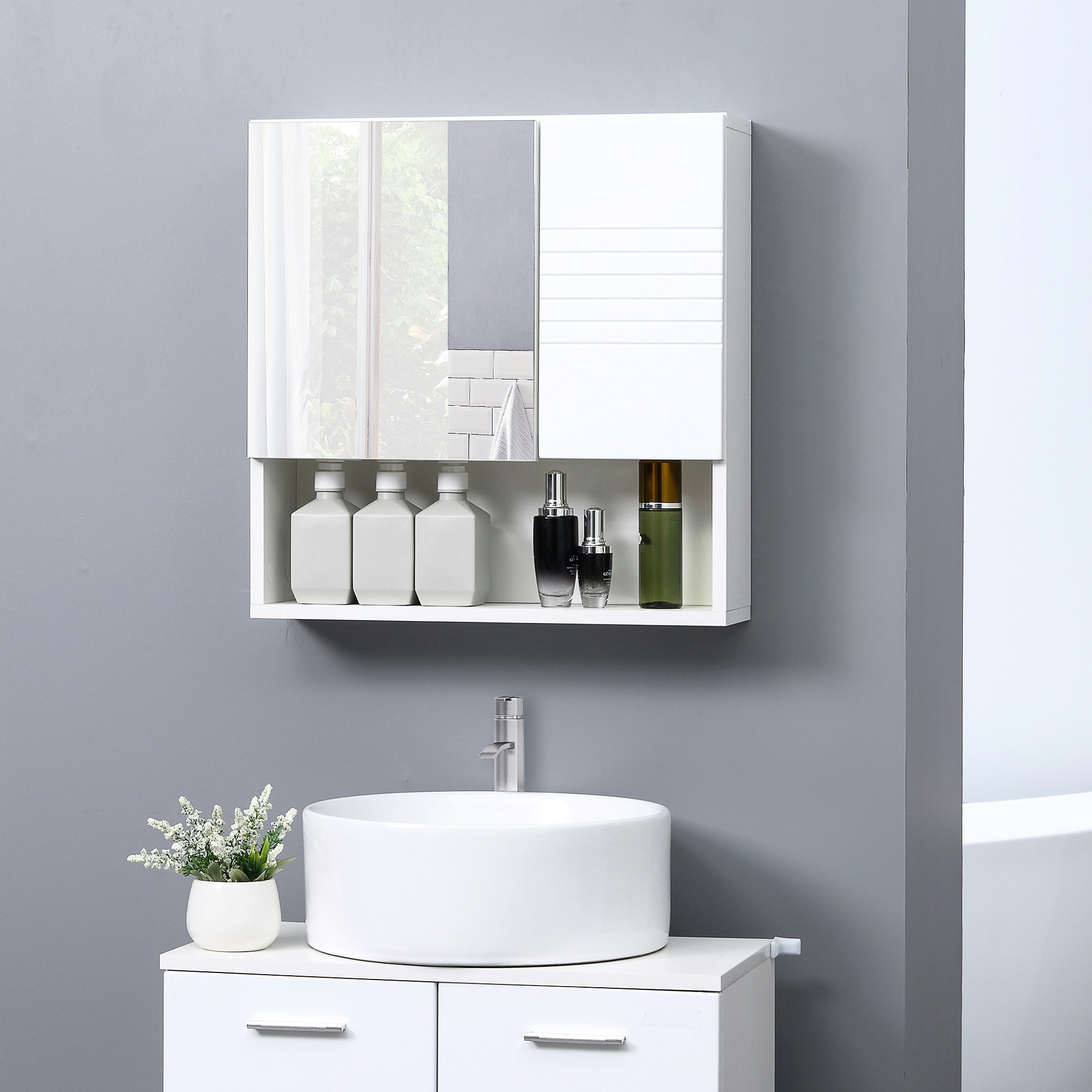 Rackhams White Bathroom Wall-Mounted Mirror Cabinet W/ Double Door Adjustable Shelves
