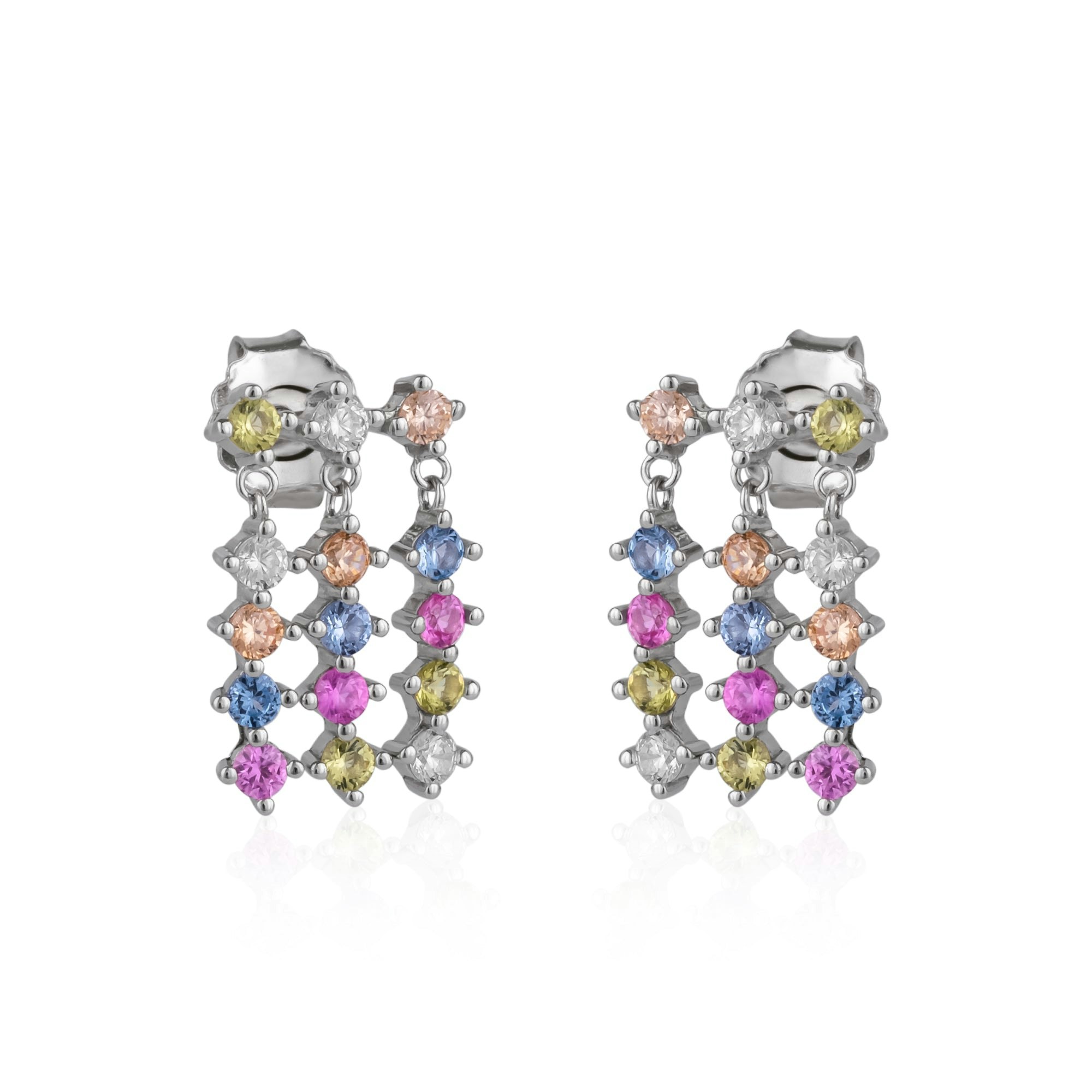 Spero London Silver Colourful Rainbow Jewelled Sterling Cluster Stud Drop Earrings