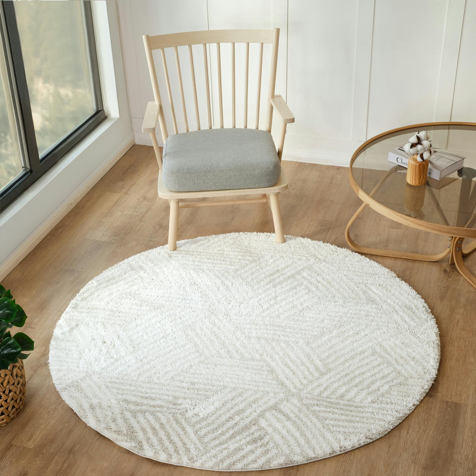 Livabliss Beige/Grey Cloudy Shag-Geometric Soft Plush Pile Rug - 120Cm_diameter
