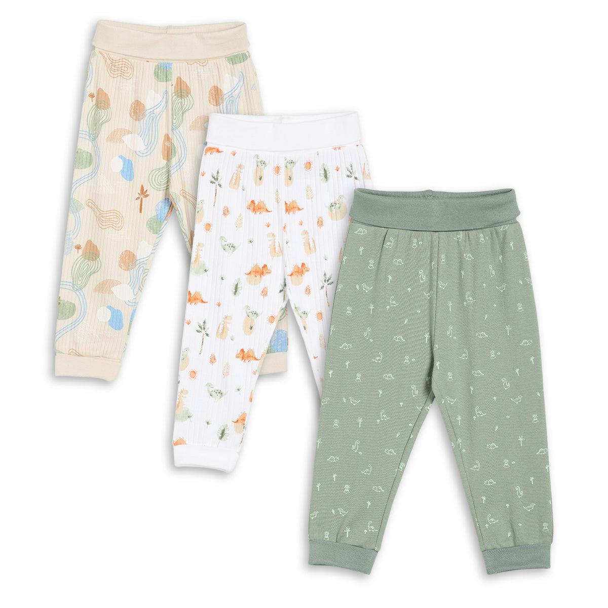 Mini Cuddles Men's White/Beige/Green Baby Boys 3Pk Printed Joggers, Multicolour - 12-18 Months