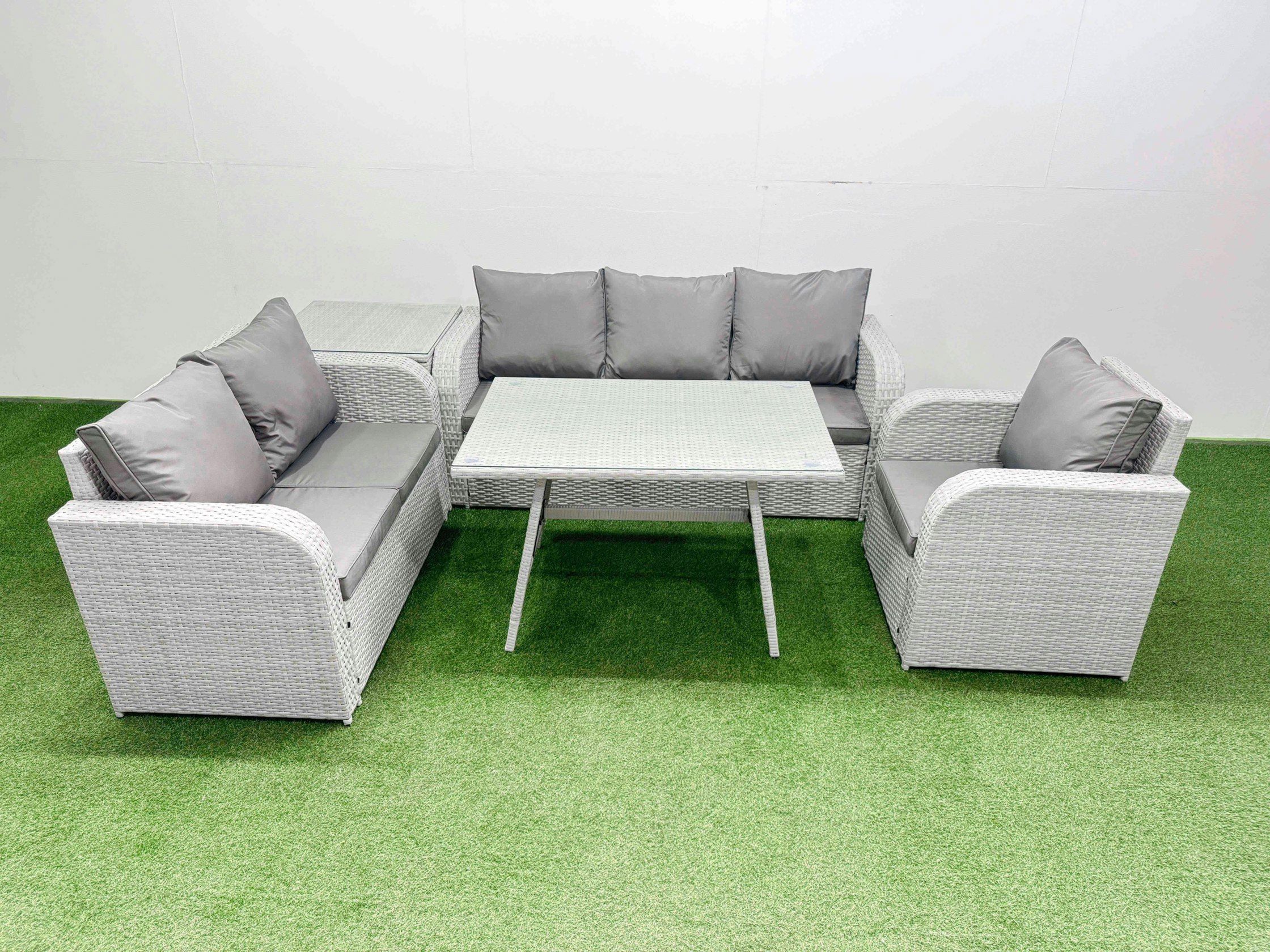 Fimous Light/Grey Rattan High Back Lounge Sofa Set Patio Dining Table & Chairs Set With 3 Seater Sofa Reclining Chair Side Table