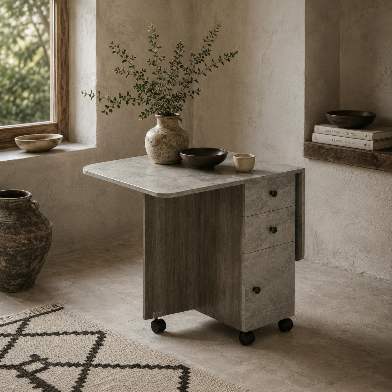 Wyld Haus Grey Dorette Wooden Mixed Drop Leaf Dining Table With Multi Storage Design