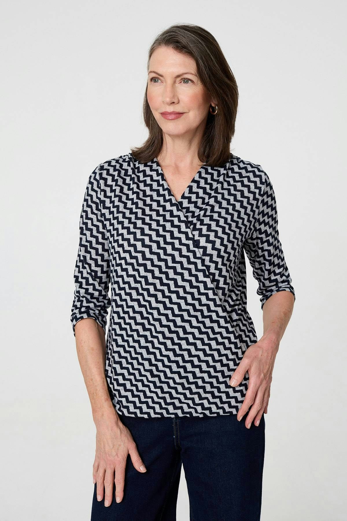 Izabel London Chevron Print 3/4 Sleeve Wrap Front Top - 10 - Navy