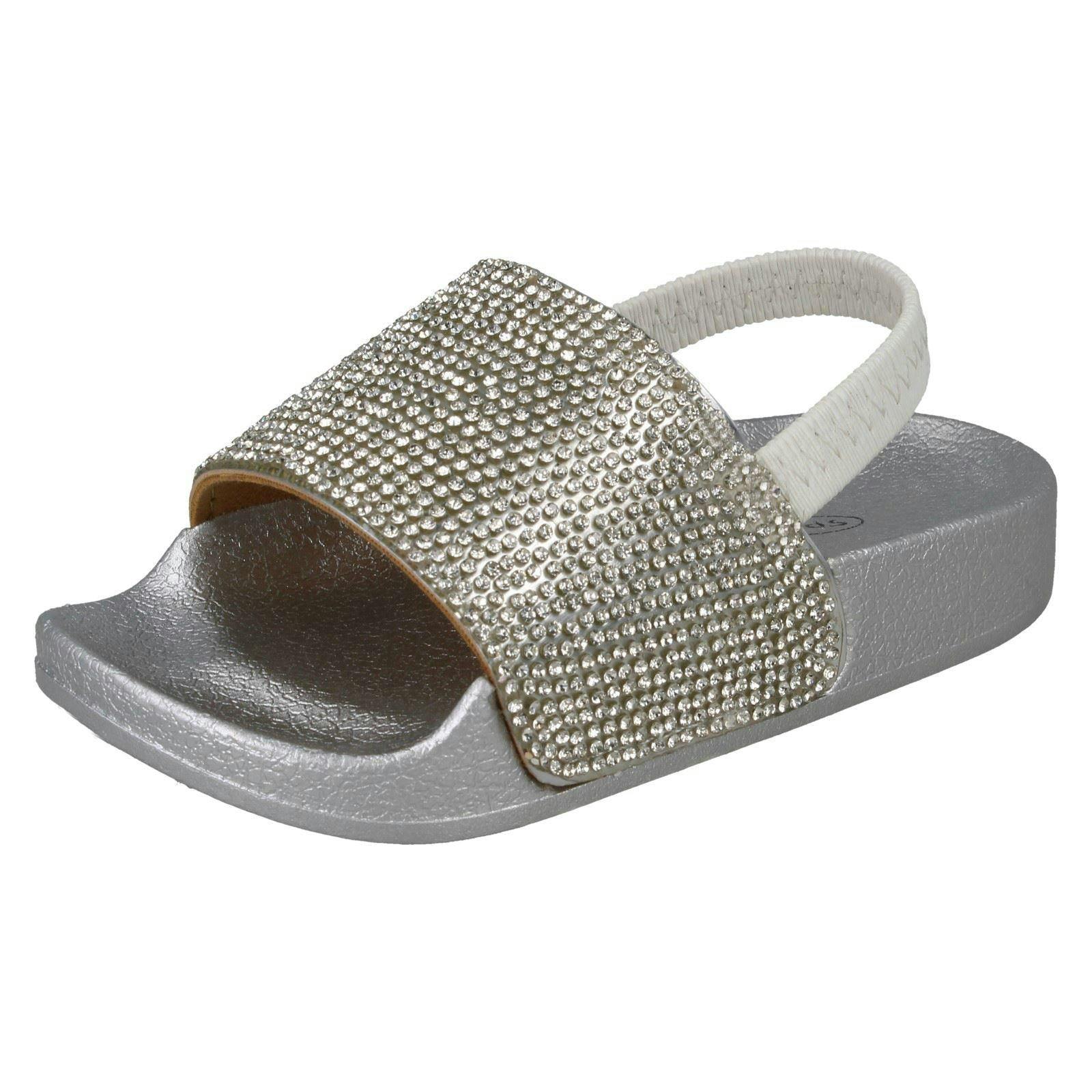 Spot On Girls Silver Elasticated Diamante Sliders H0312 - Uk 7 Infant