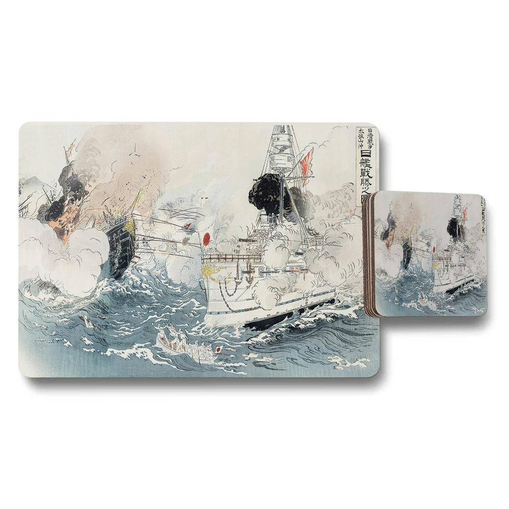 Rackhams Red/Blue Japanese Naval Battle Ukiyoe Placemats And Coasters Set