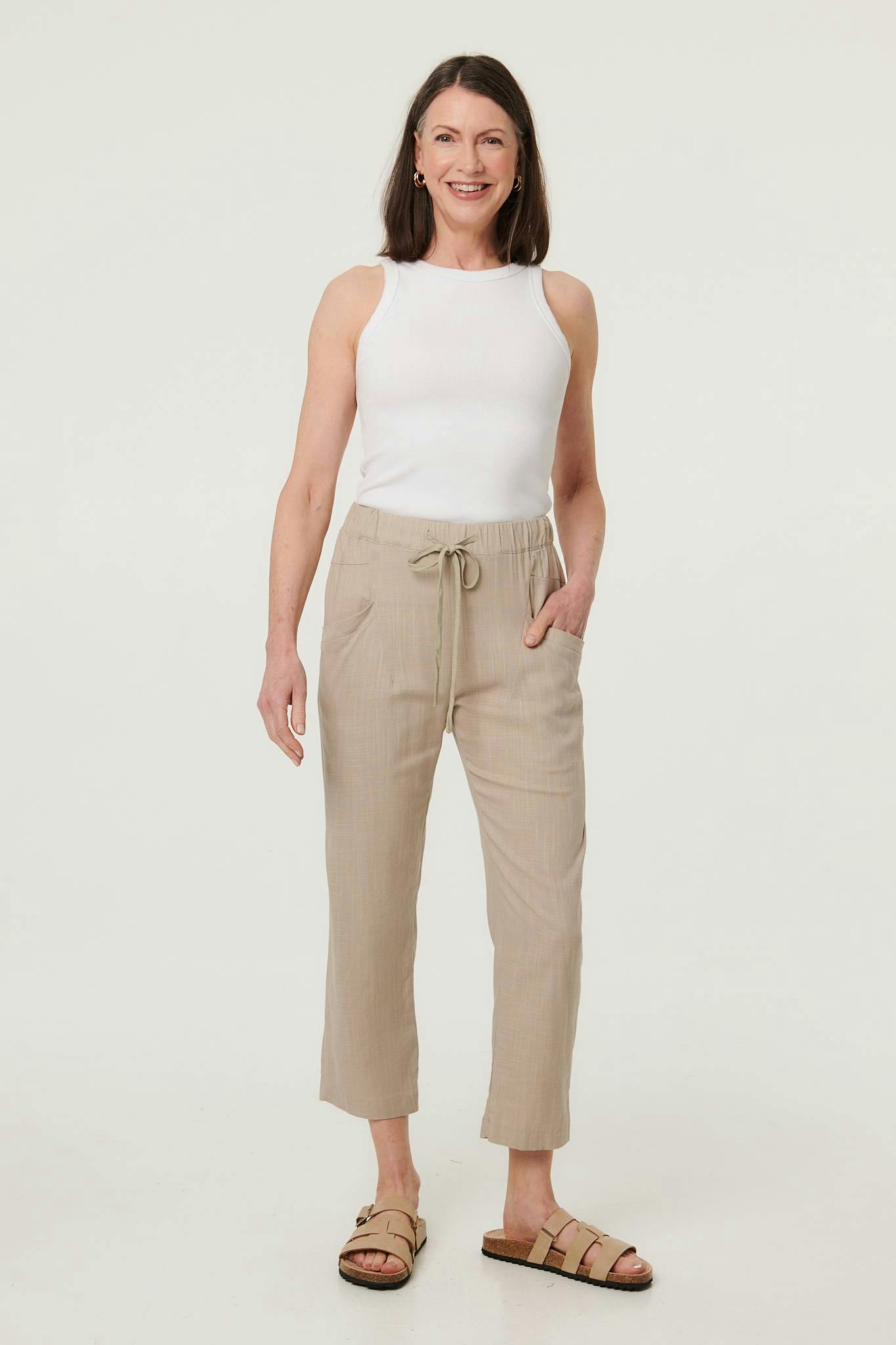 Izabel London Drawstring Tie Front Relaxed Trousers - 16 - Linen