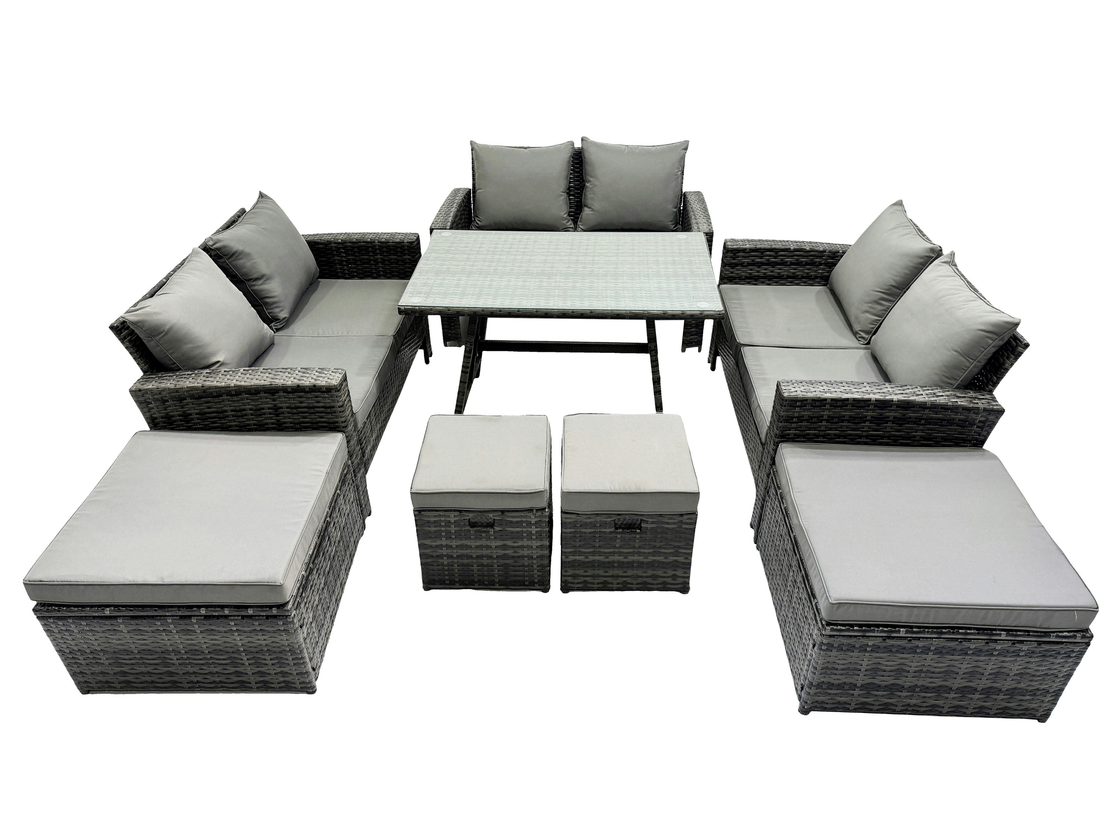 Rackhams Dark/Grey 10 Seater Wicker Pe Rattan Furniture Outdoor Dining Table Double Seat Sofa 4 Stools Sets Mixed