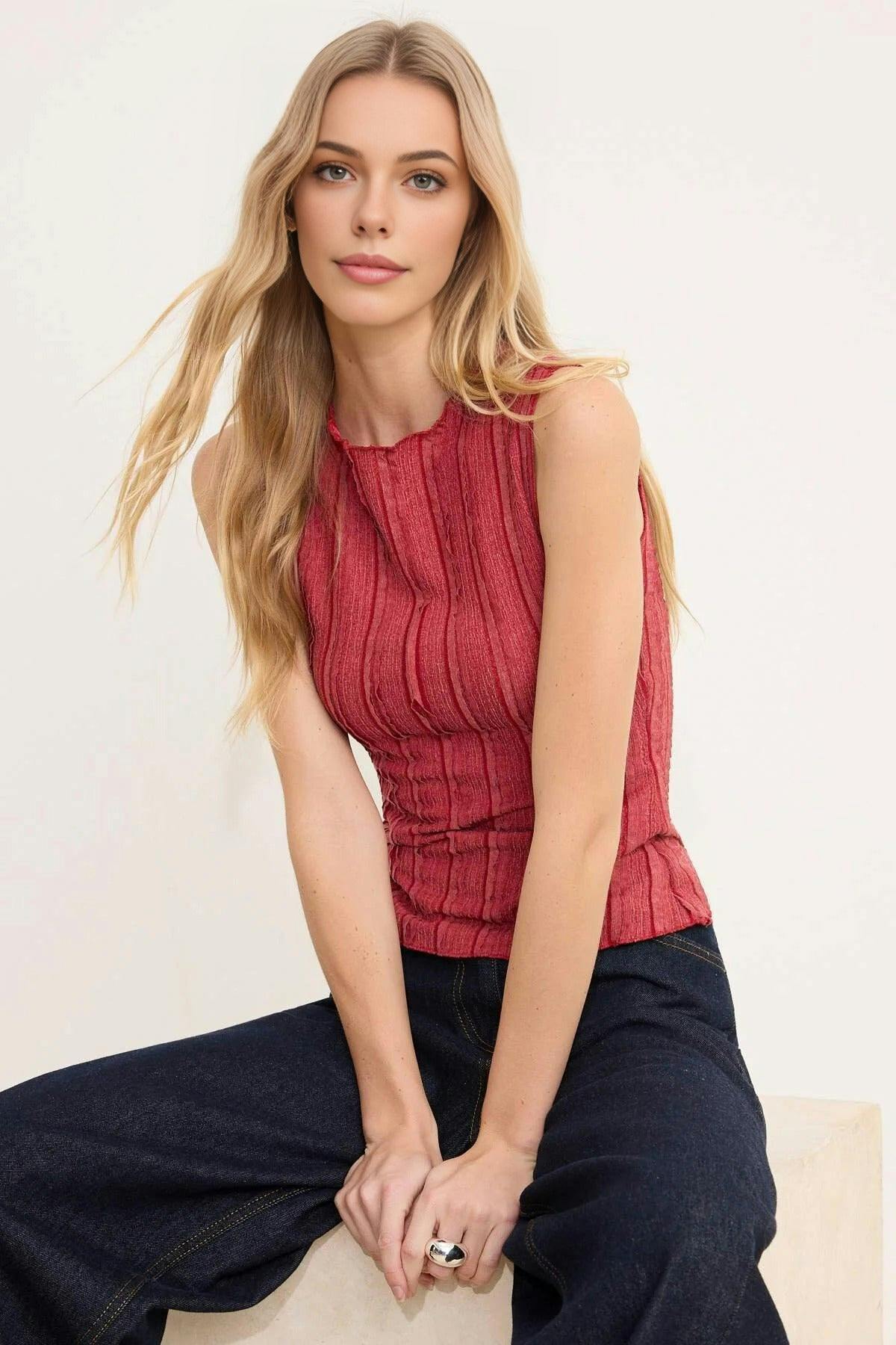 Wovcor Fitted Sleeveless Textured Knit Blouse - Rose - Xs