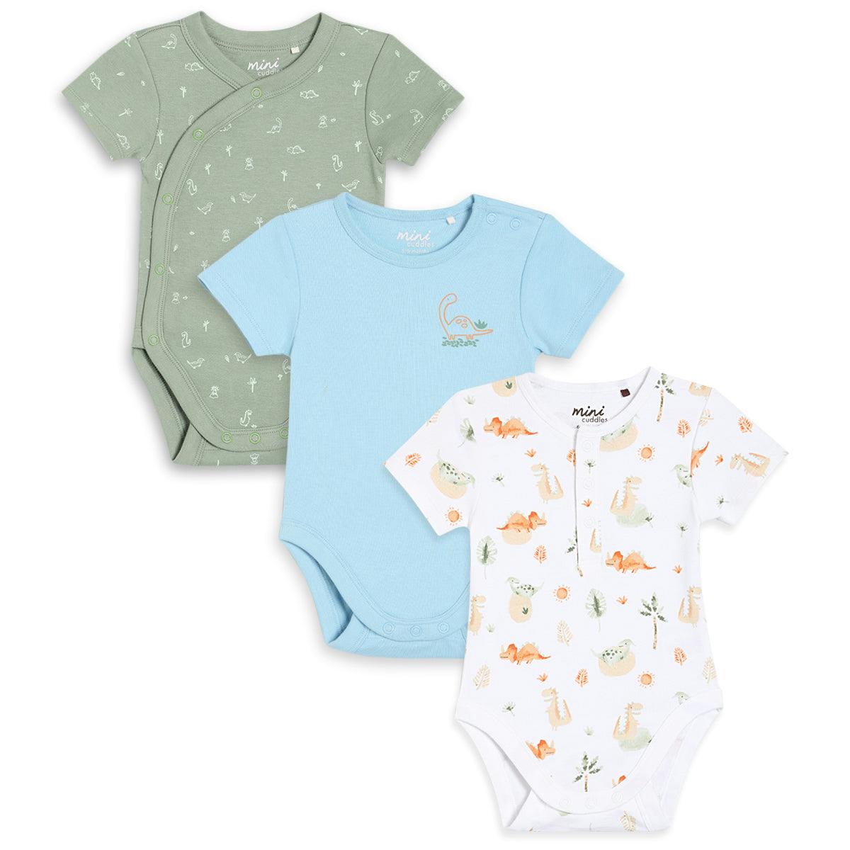 Mini Cuddles Men's Blue/White/Green Baby Boys 3Pk Dinosaur Print Bodysuits, Multicolour - 0-3 Months