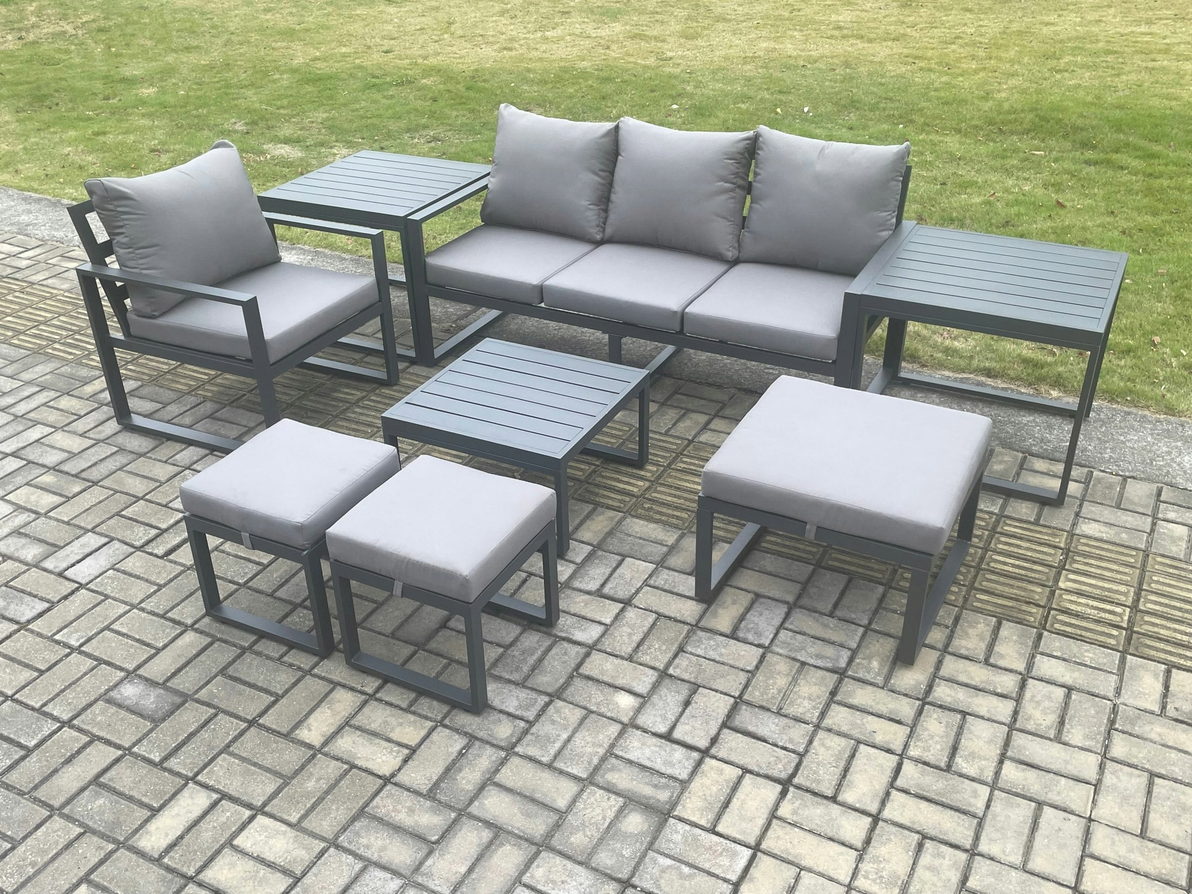 Fimous Dark/Grey Aluminium Outdoor Garden Furniture Set Sofa Chair Square Coffee Table With 2 Side Tables 3 Footstools 7 Seater
