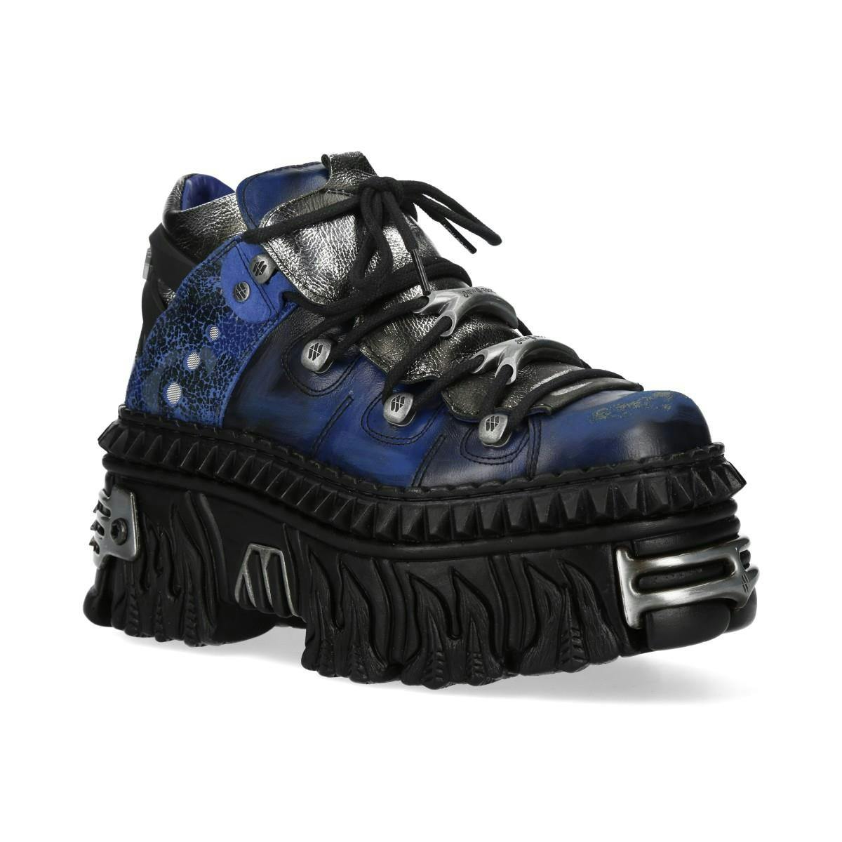 New Rock Unisex Blue/Silver M-Wall106n-C16 Leather Gothic Urban Rock Ankle Boots - Uk 7 | Eu 41 | Us 9.5