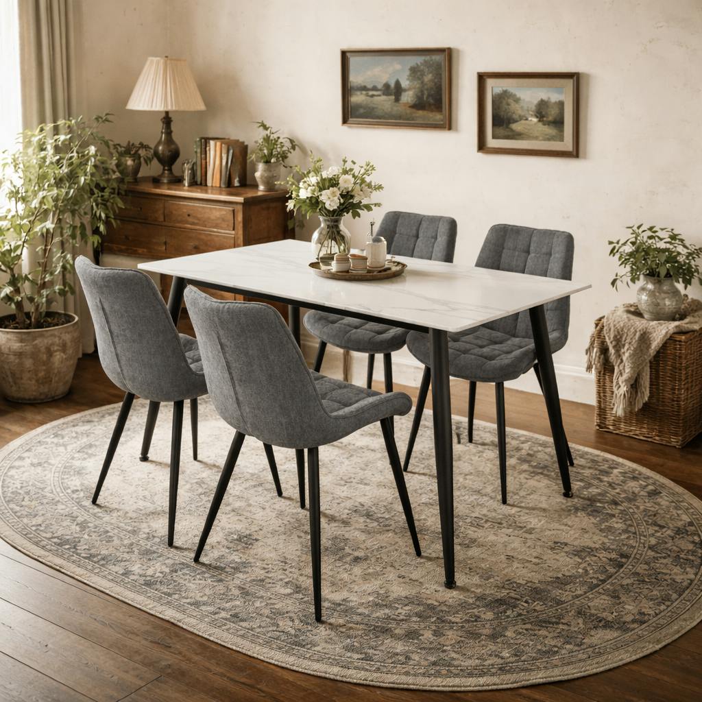 Wyld Haus White/Black/Grey Bramblewood 4 Seater Marble Effect Dining Set Table And 4 Chairs