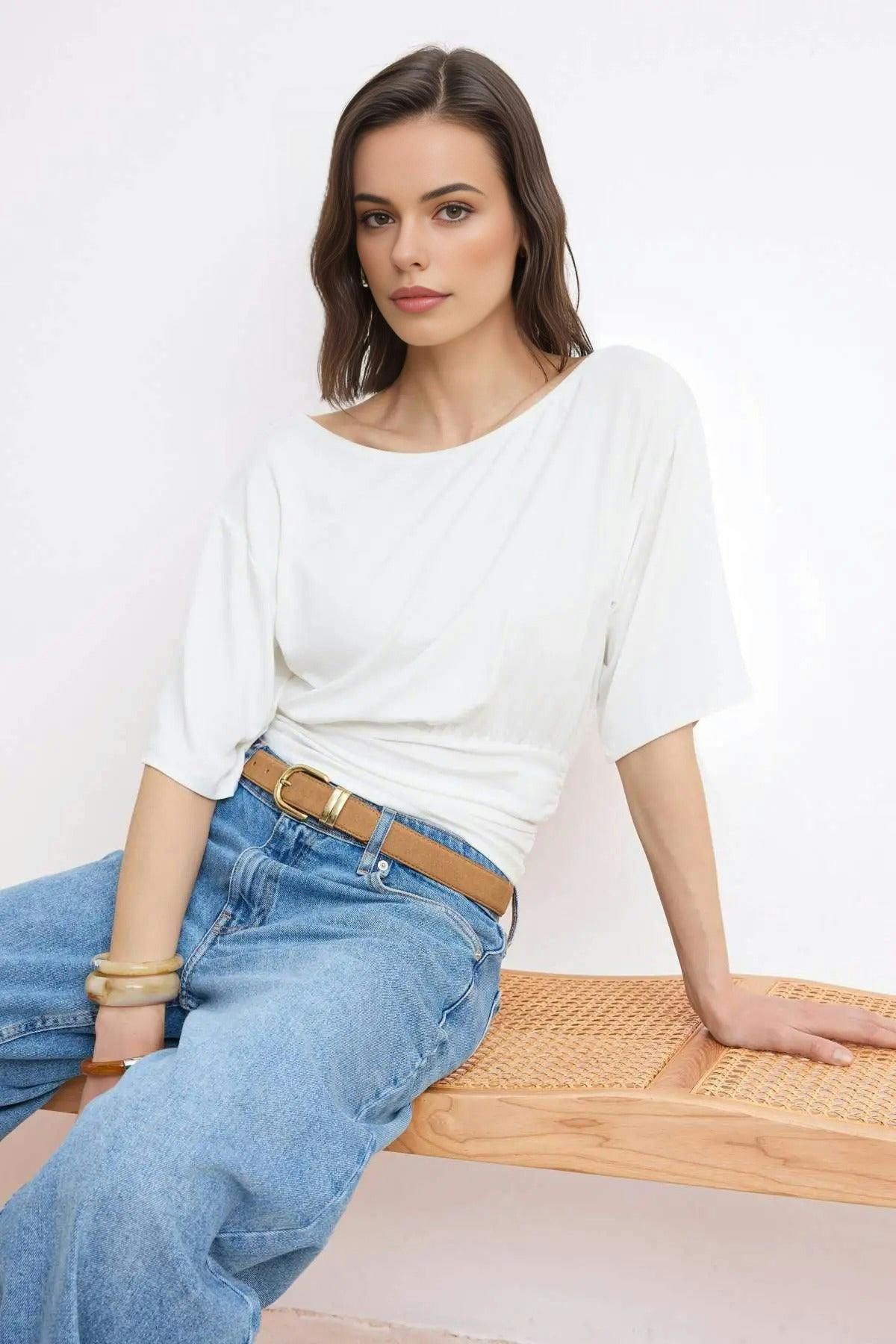 Wovcor White Asymmetric Neck Regular Fit Soft Touch Knit Blouse - Xs