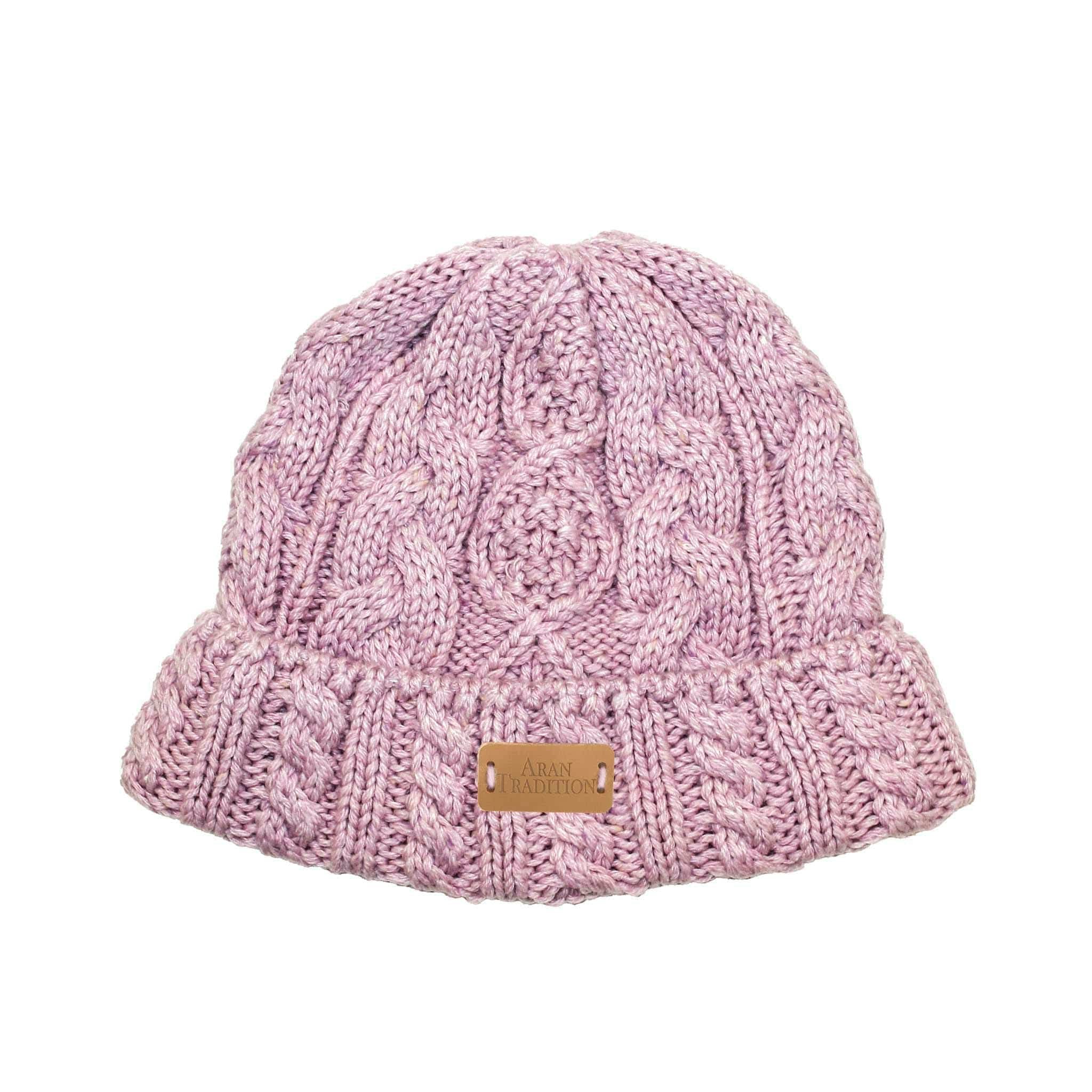 Aran Traditions Pink Aran Donegal Cable Turn Up Beanie Hat - Rose