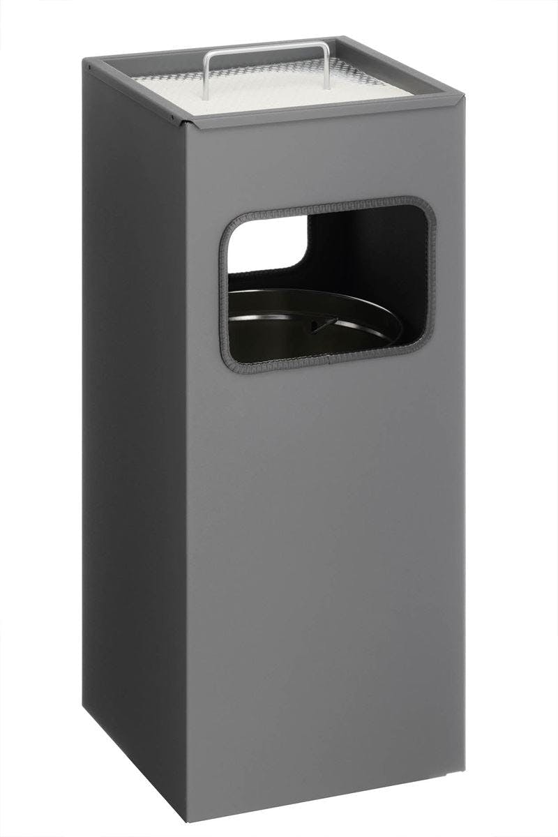 Durable Silver Square Metal Waste Bin With Integrated Sand Ashtray | 17L | Charcoal