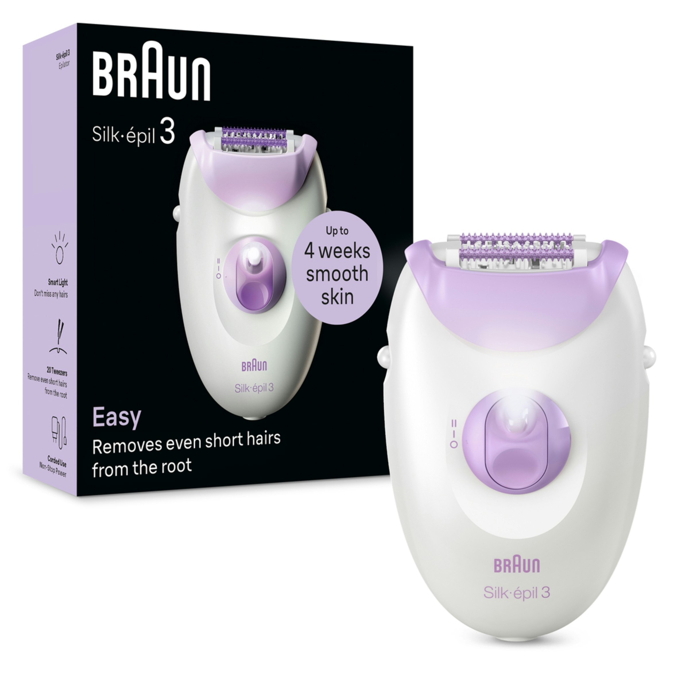 Braun Purple Silk-Epil 3, Corded Epilator For Hair Removal, Weeks Of Smooth Skin, 3-000
