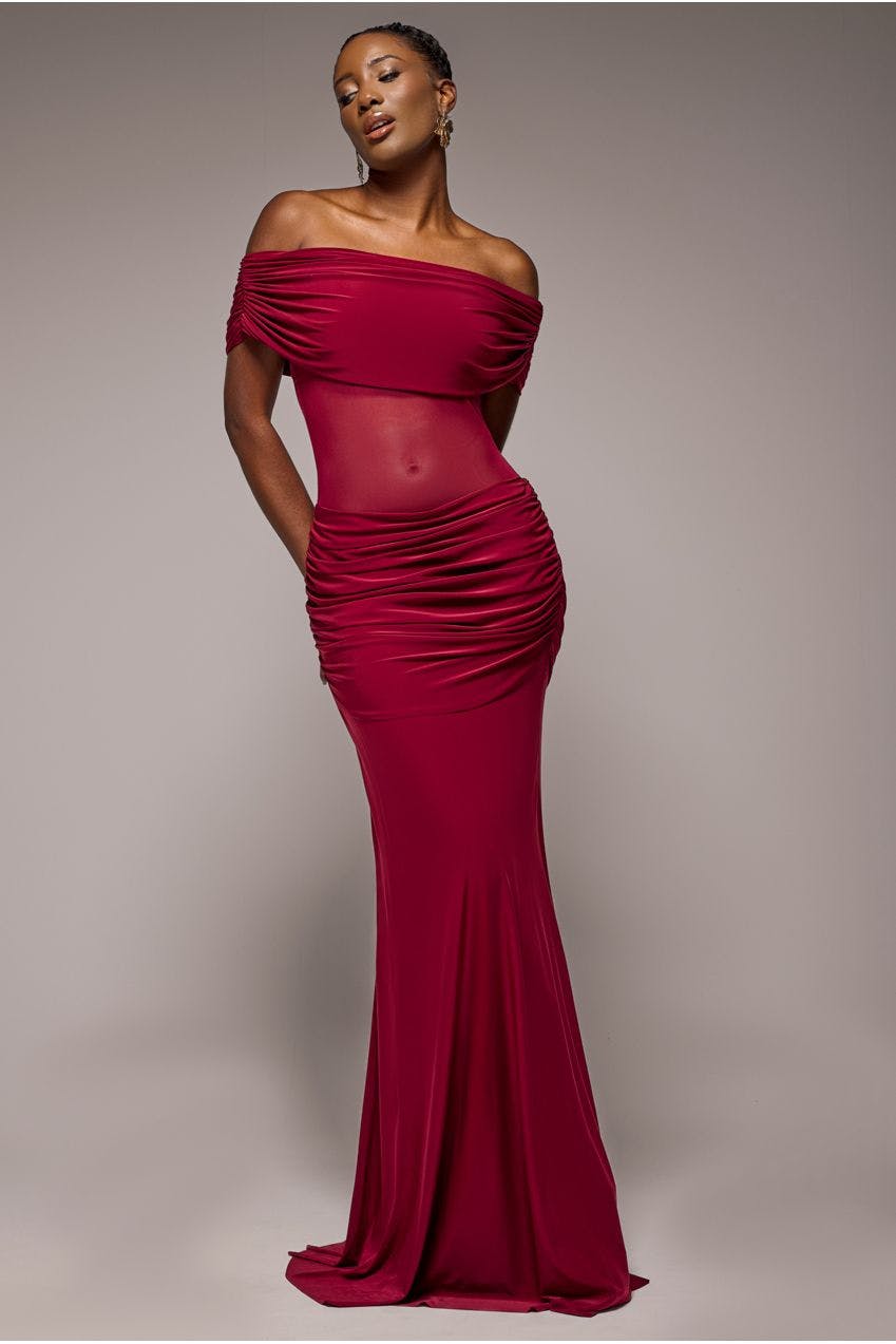 Goddiva Gathered Off The Shoulder Mesh Waist Panel Maxi Dress - Wine By - Wine - 6