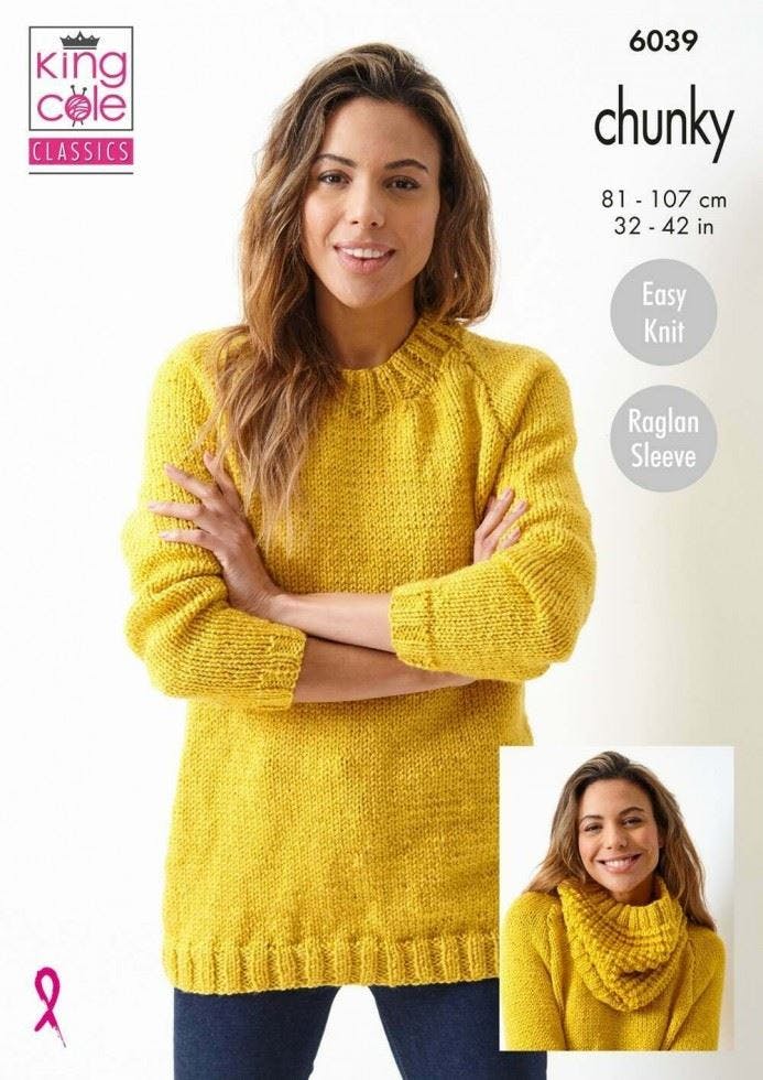 King Cole Women's Big Value Chunky Knitting Pattern 6039, Sweaters For 32 - 42 Inches - Easy