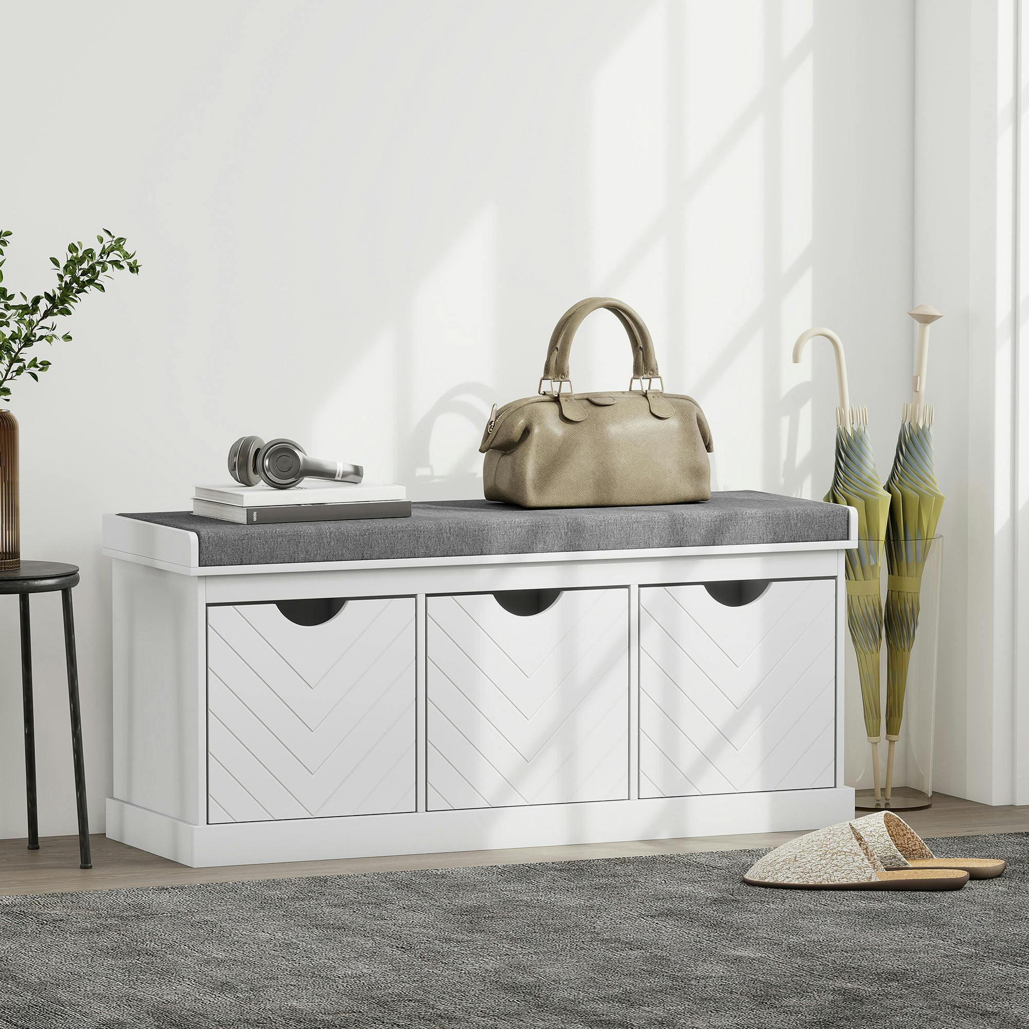 Rackhams White Shoe Storage Bench With 3 Removable Drawers And Padded Seat, - Particleboard, Polyester - 1