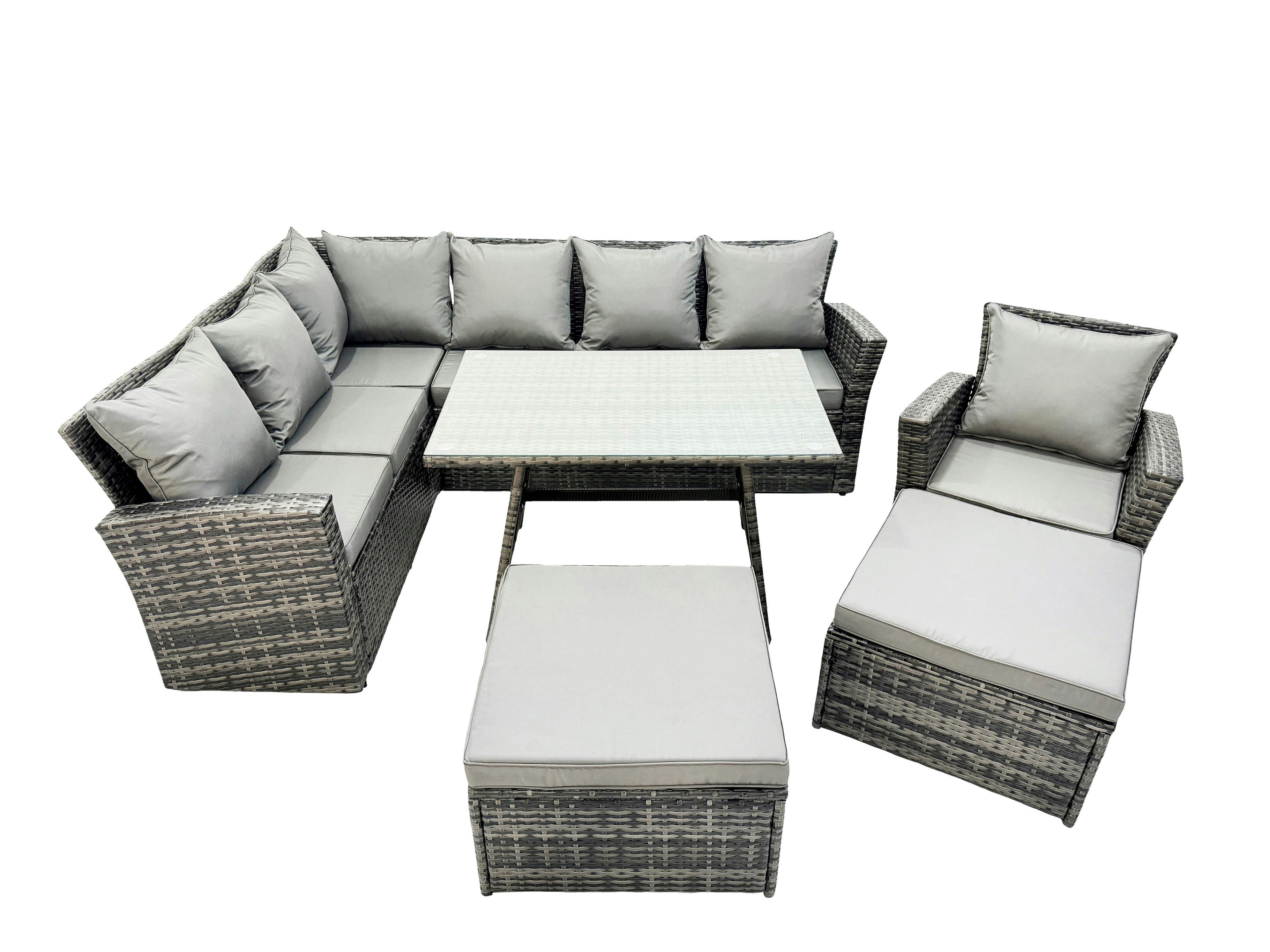 Rackhams Dark/Grey 9 Seat Rattan High Back Corner Sofa Set Patio Dining Table Set With Big Stool Mixed