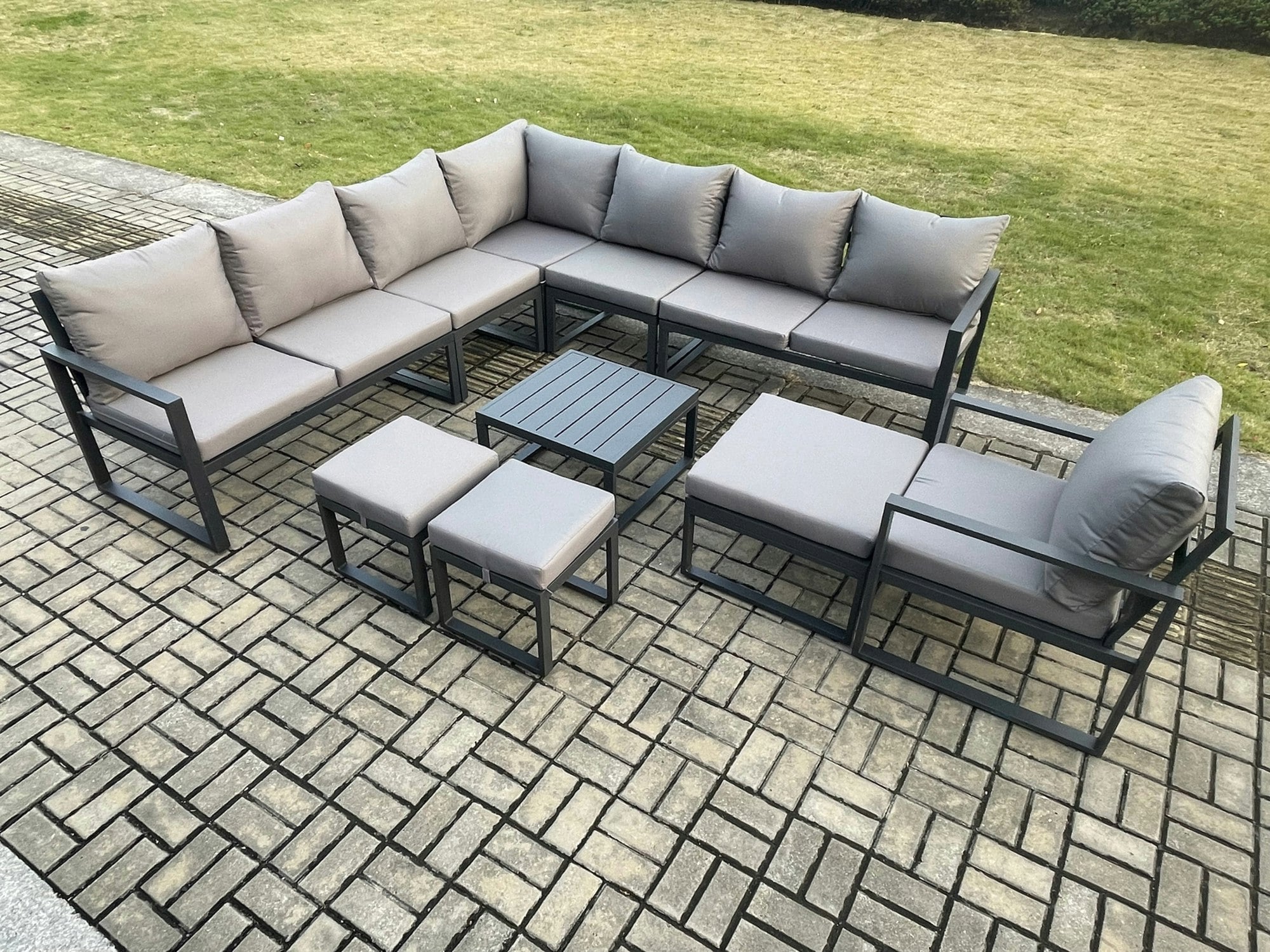 Rackhams Dark/Grey Aluminium Outdoor Garden Furniture Set Lounge Corner Sofa Square Coffee Table Chair Sets With 3 Footstools