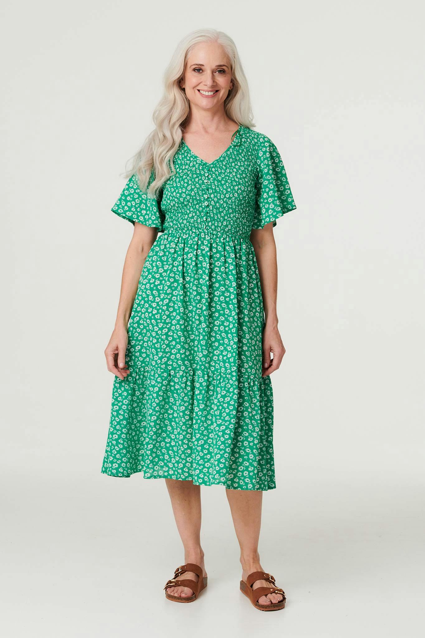 Izabel London Green Ditsy Floral Midi Smock Dress - 12