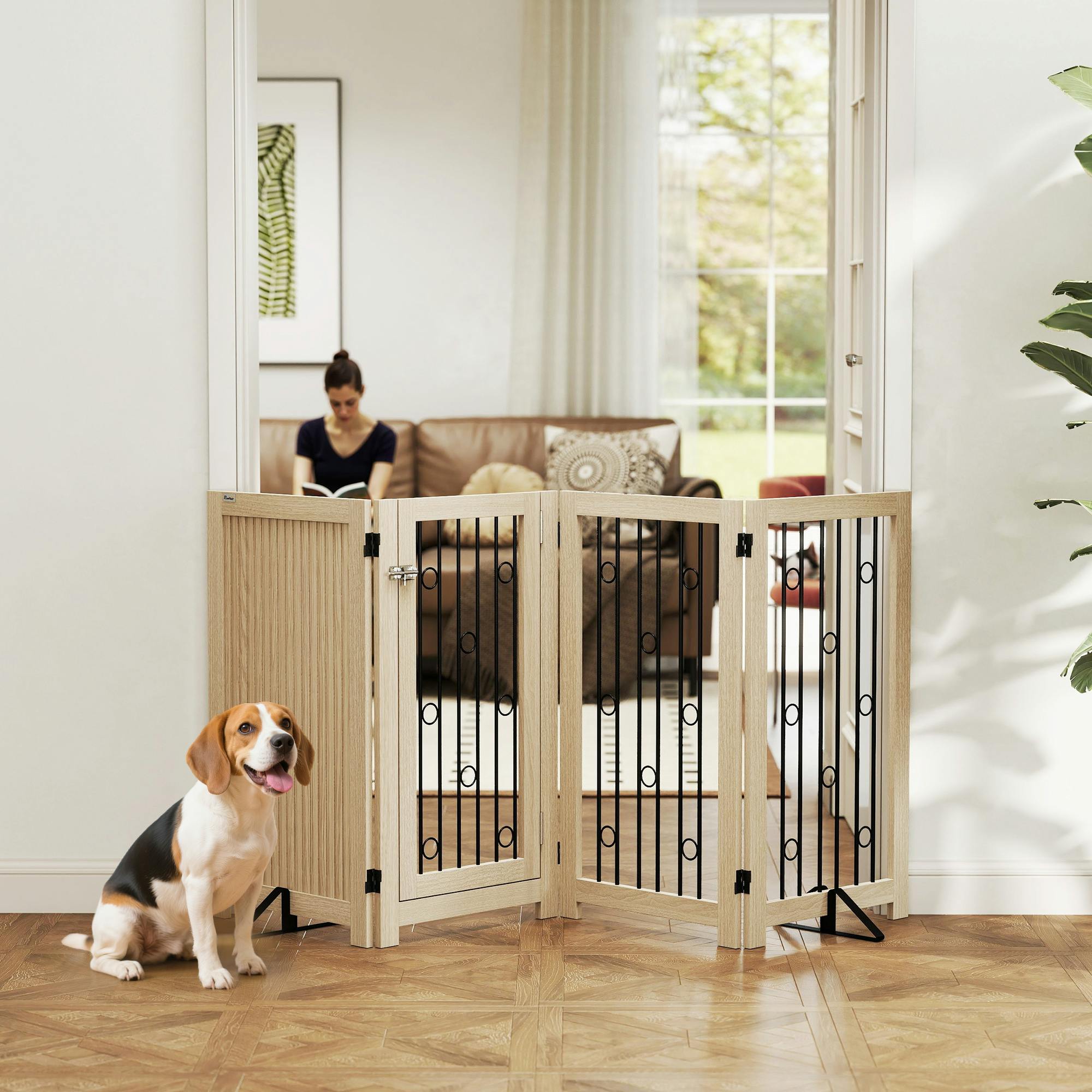 Pawhut Unisex Natural 4 Panel Freestanding Pet Gate Foldable With Door For Stairs, Doorway In - Image 3