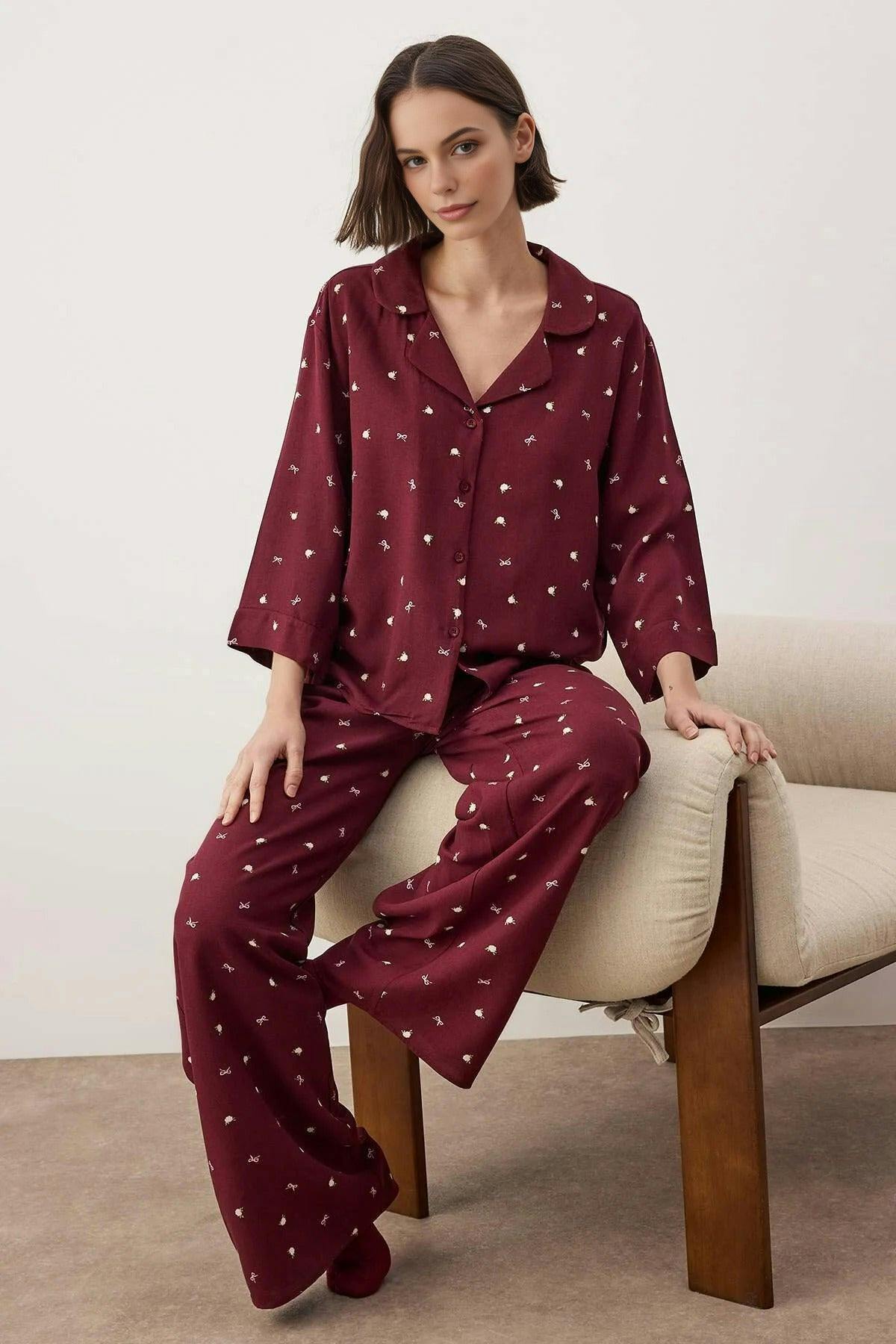 Wovcor Burgundy 2-Piece Printed Shally Woven Pajama Set - 6