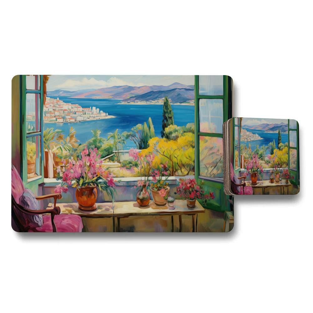Benjamin Tate Design Light Mediterranean Sea View Placemat And Coaster Set For Dining Table