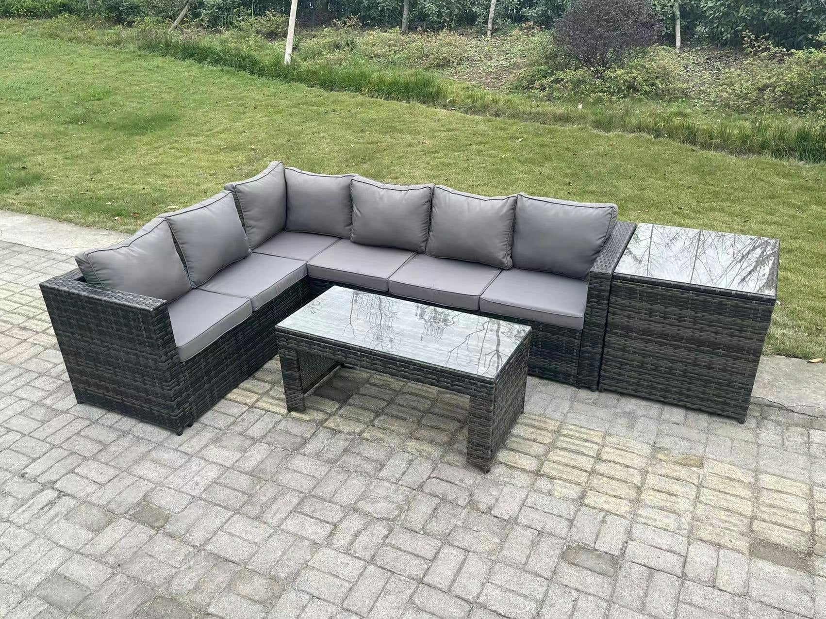 Rackhams Dark/Grey 6 Seater Rattan Corner Sofa Lounge Sofa Set With Rectangular Coffee Table Side Table Mixed Left Hand
