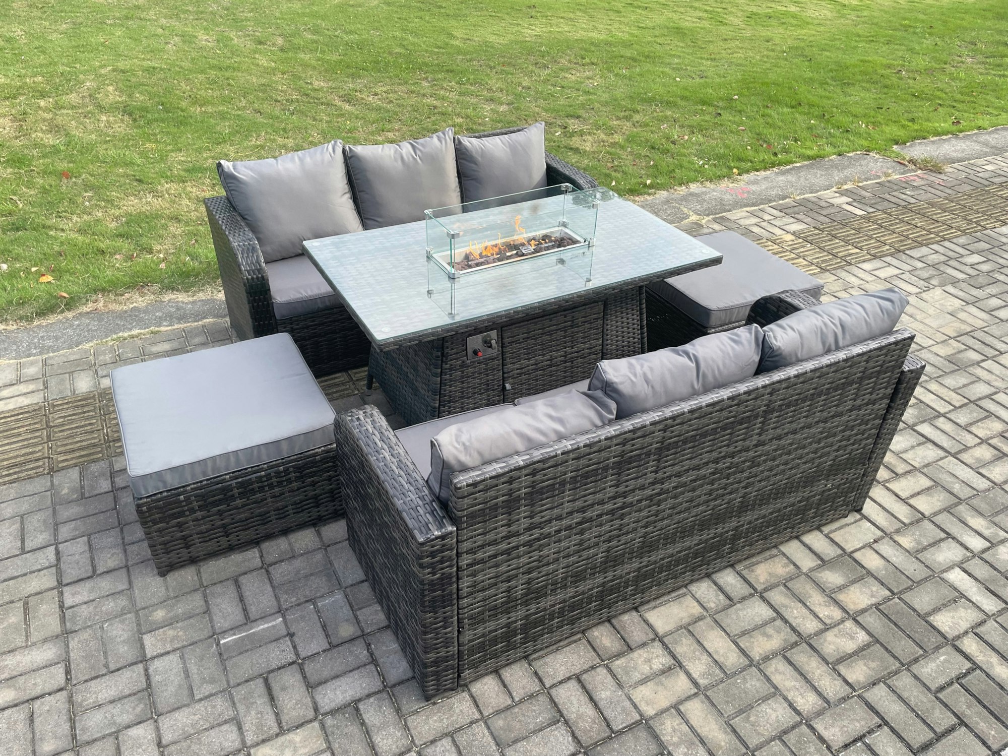 Rackhams Garden Patio Furniture Wicker Rattan Gas Fire Pit Table And Sofa Set With 2 Big Footstool