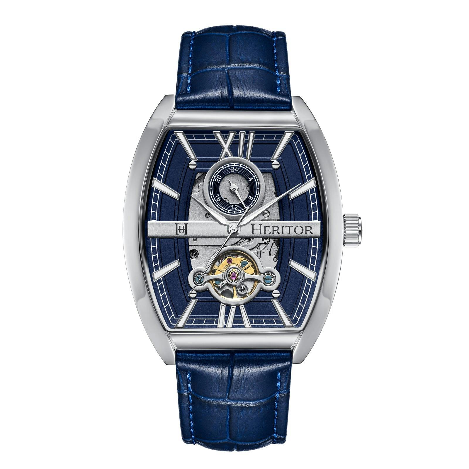 Heritor Automatic Silver/Blue Masterson Semi-Skeleton Leather-Band Watch