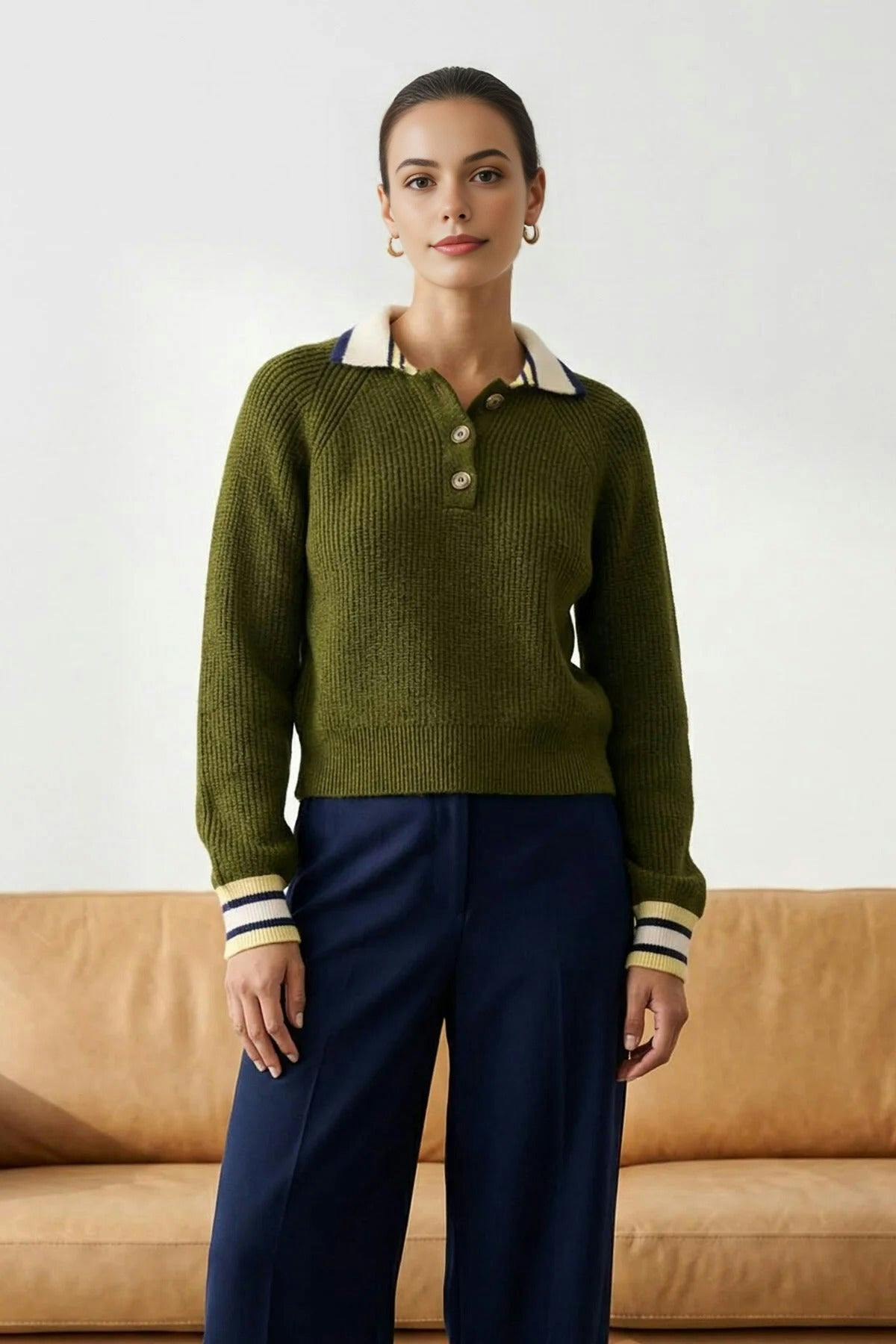 Wovcor Soft Textured Color Block Knit Sweater - Khaki - M