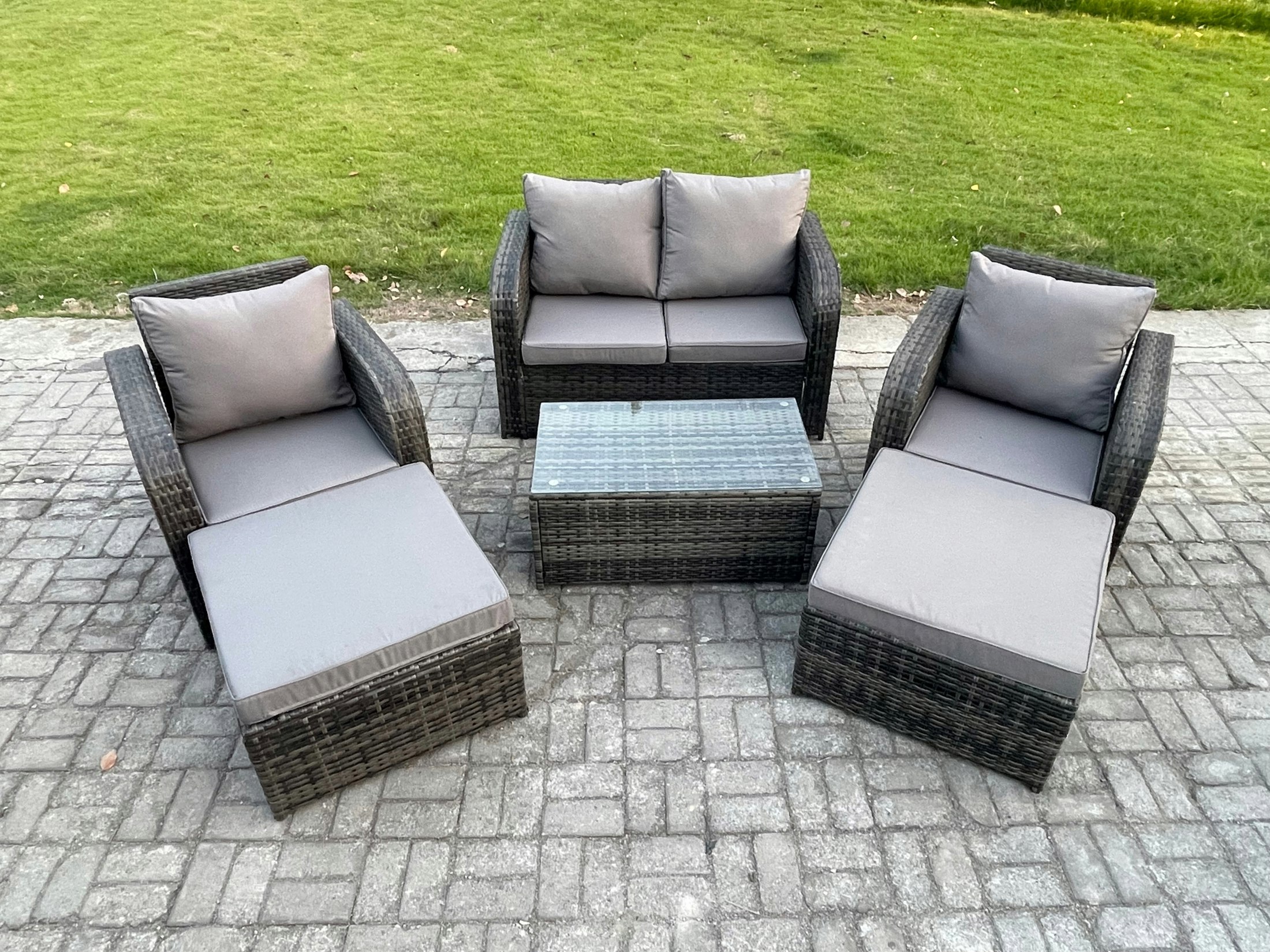 Rackhams Dark/Grey 6 Seater Garden Furniture Set Rattan Outdoor Lounge Sofa Chair With Tempered Glass Table 2 Big Footstool Mixed