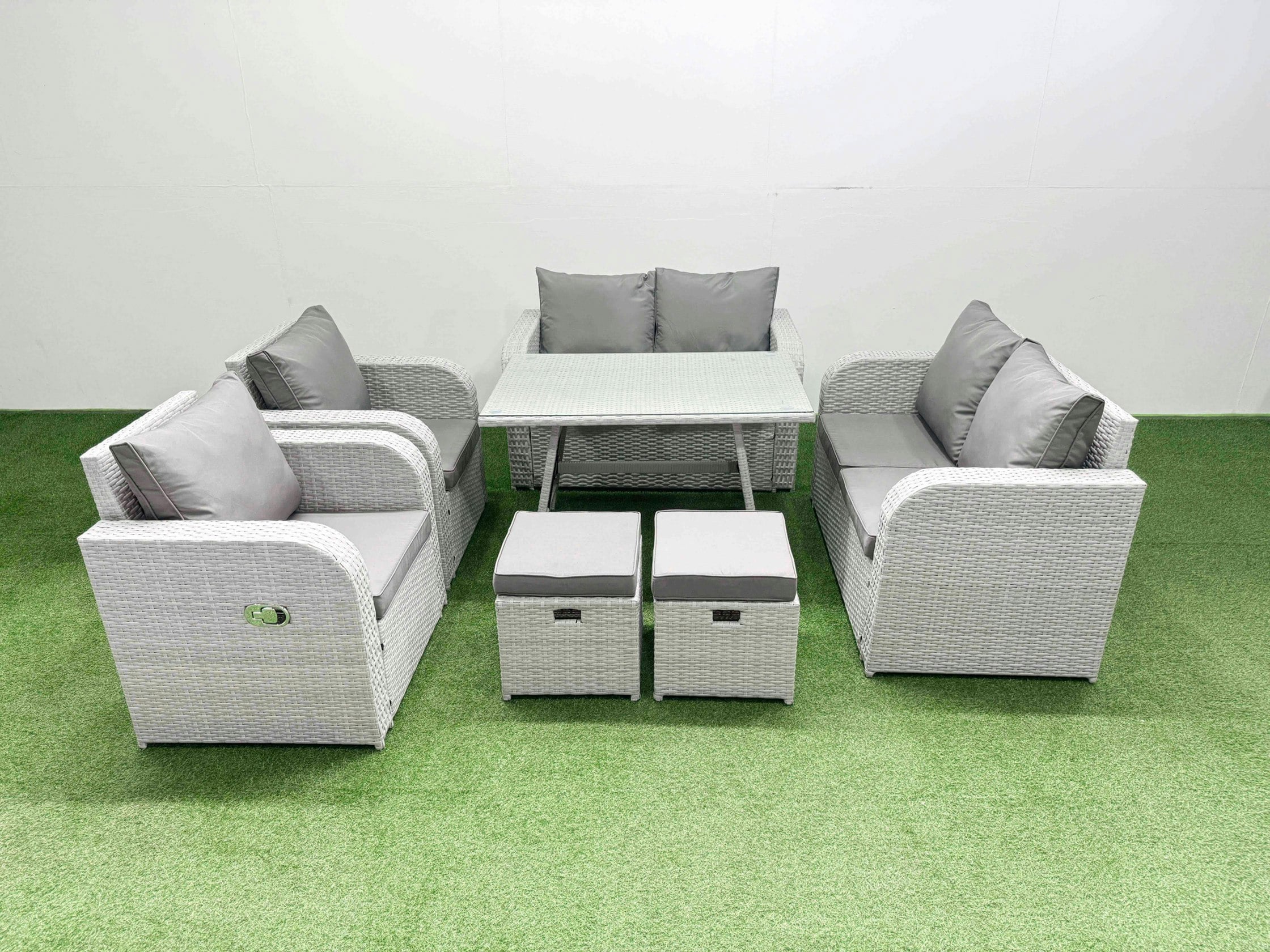 Rackhams Light/Grey 8 Seater Rattan Garden Furniture Set Outdoor Love Sofa Set With Rectangular Dining Table 2 Small Footstools