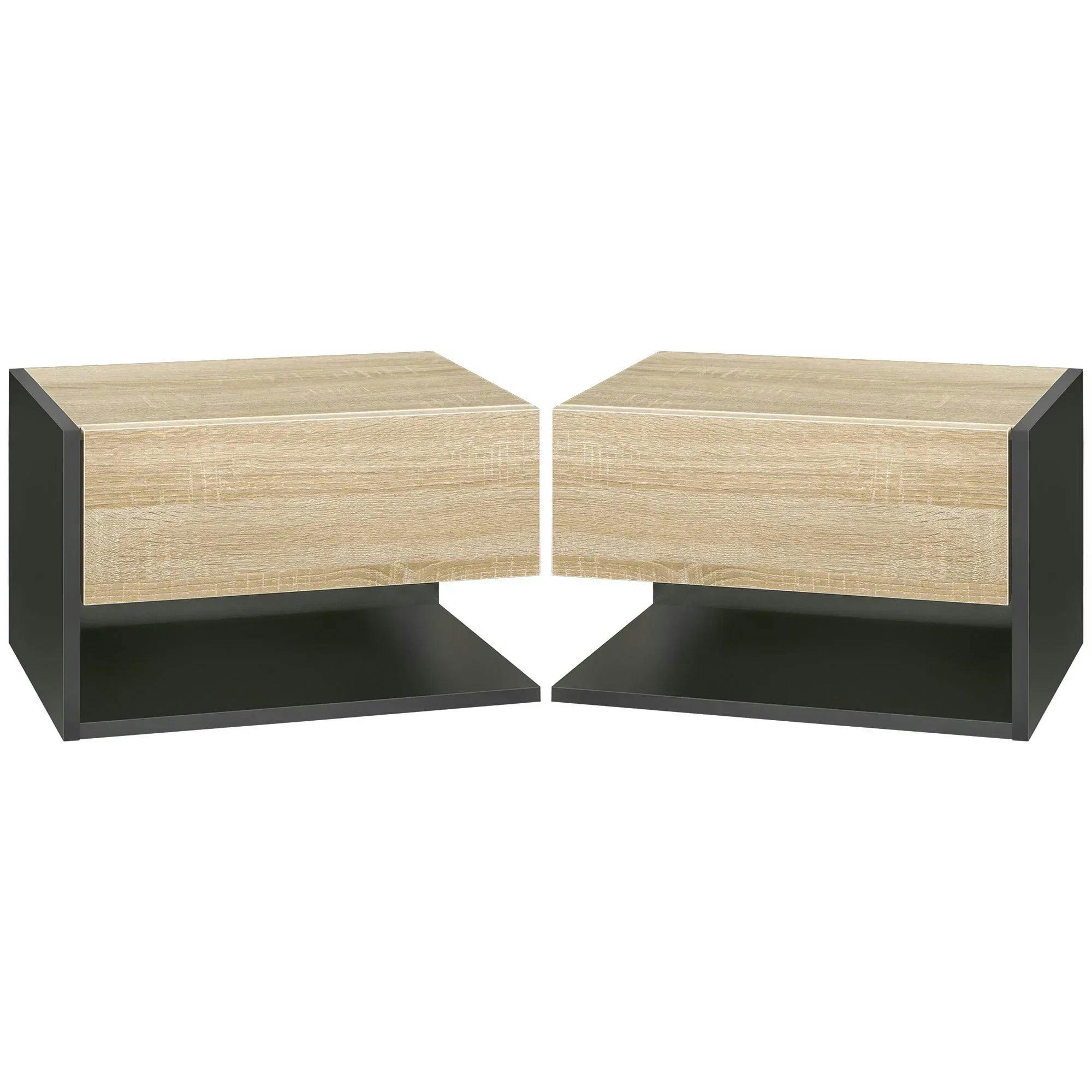 HOMCOM Bedside Table Set of 2 - Modern, Single Drawer, Single Shelf, Oak, Black, Wall-Mounted - Image 7