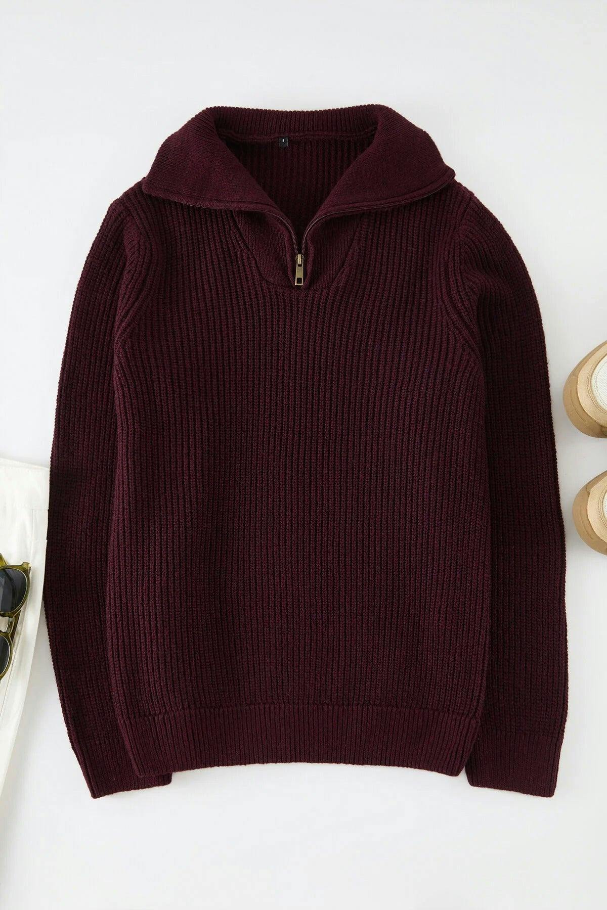 Wovcor Men's Burgundy Regular Woolen Zippered Turtleneck Knit Sweater - Xxl