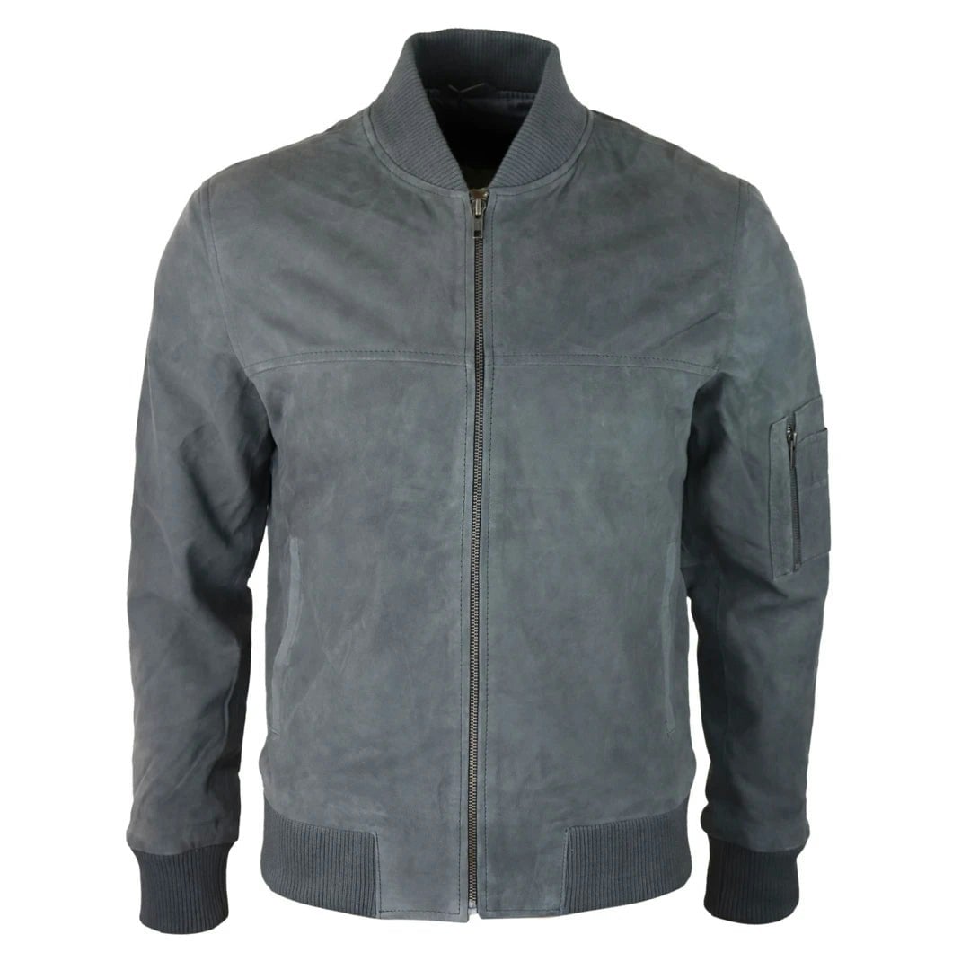Infinity Leather Men's Grey Leather Company Genuine Suede Bomber Jacket Leather Casual Varsity Vintage Smart Casual - 5XL