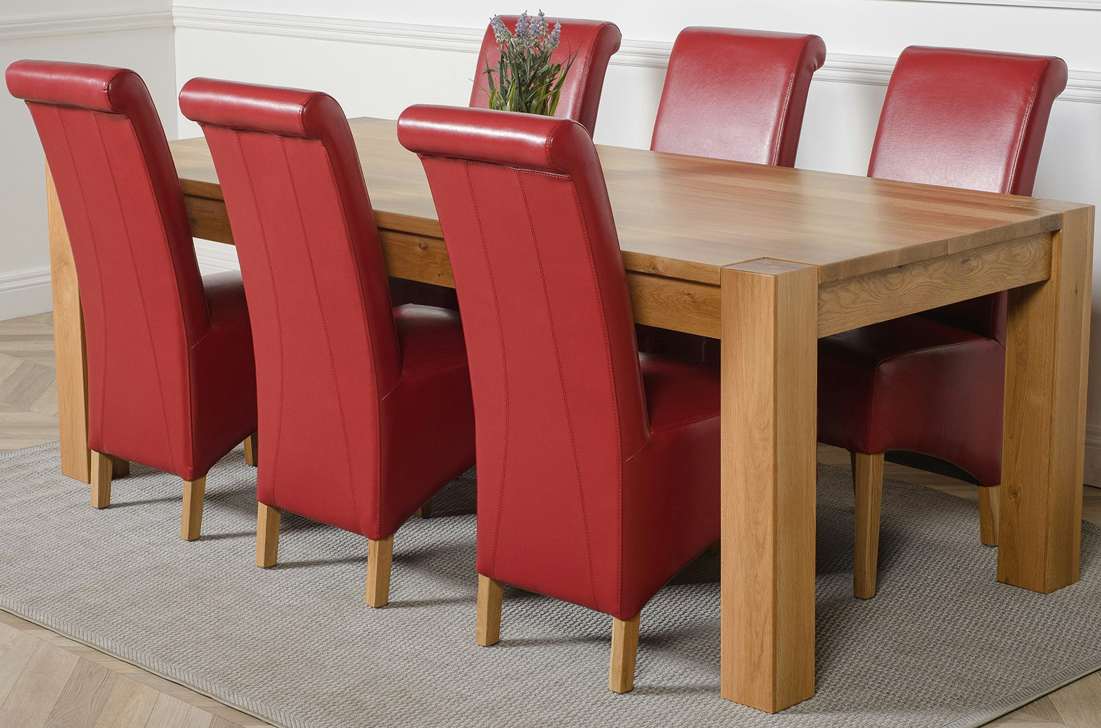 That's Furniture Burgundy Kuba Extra Large Oak Dining Table With Montana Leather Chairs - 6 Chairs
