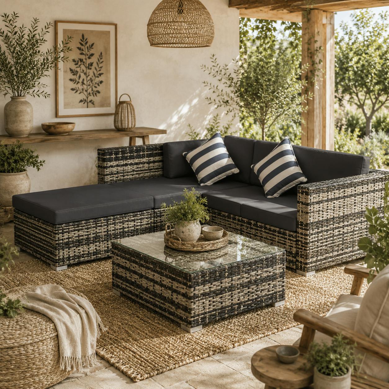 Rackhams Grey Eltami Rattan 4 Seater Outdoor Sectional Sofa Set