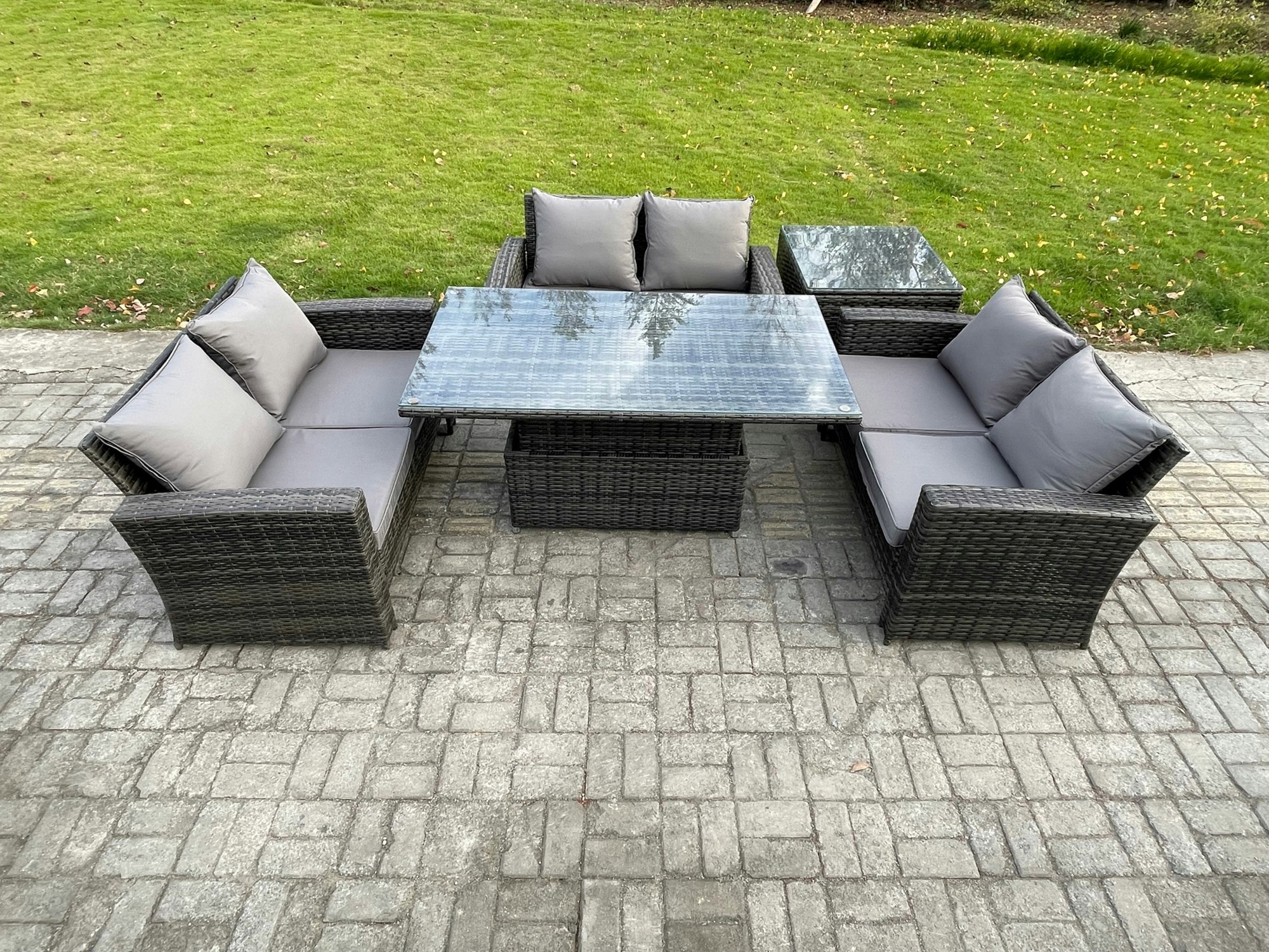 Rackhams Dark/Grey 6 Seater Rattan Wicker Garden Furniture Patio Conservatory Sofa Set With Height Adjustable Rising Lifting Table Double Seat Sofa Side Table