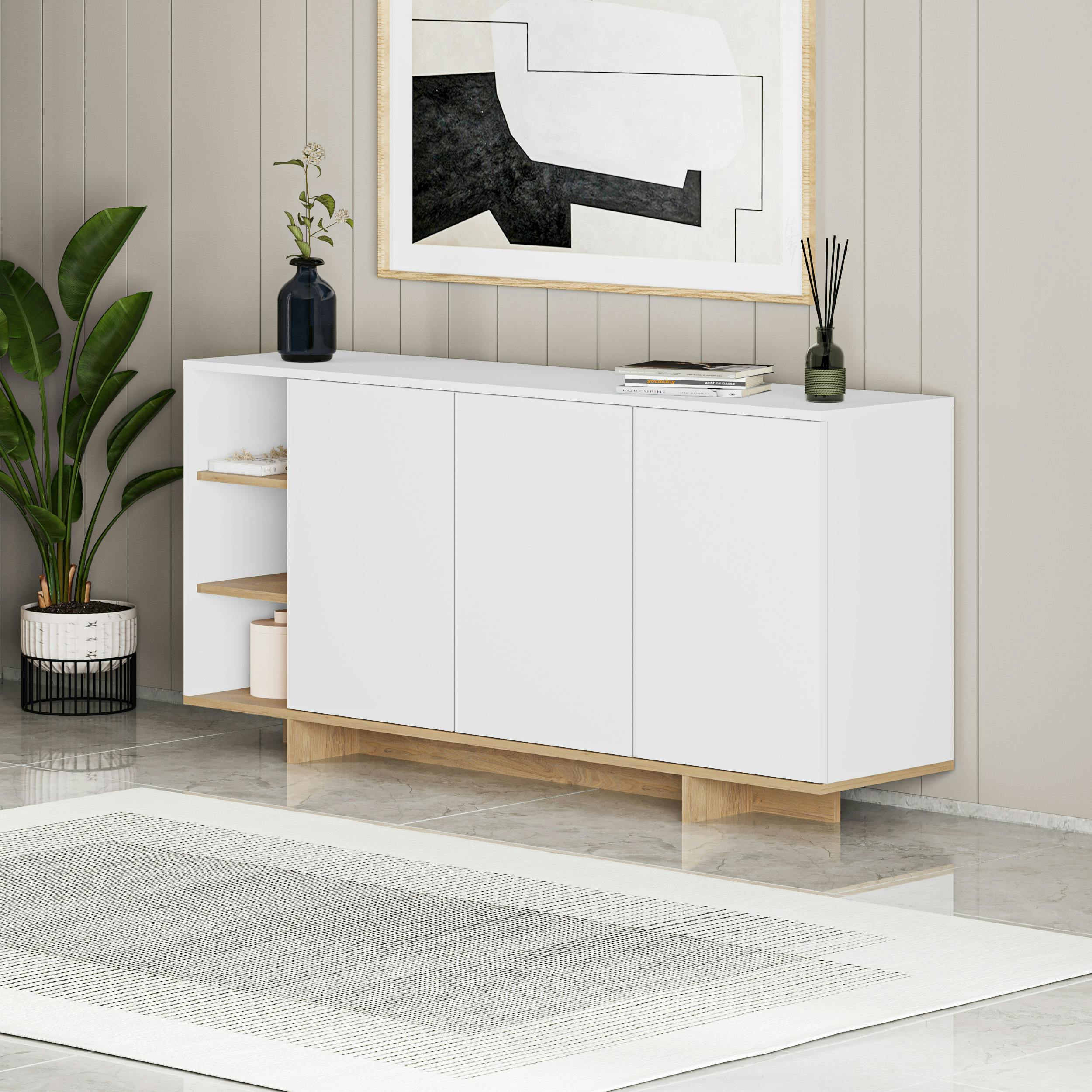 Decortie Sideboard Cabinet 170X80cm 3-Doors Push-To-Open Storage Console 3 Open Compartments For Living Room - Oak