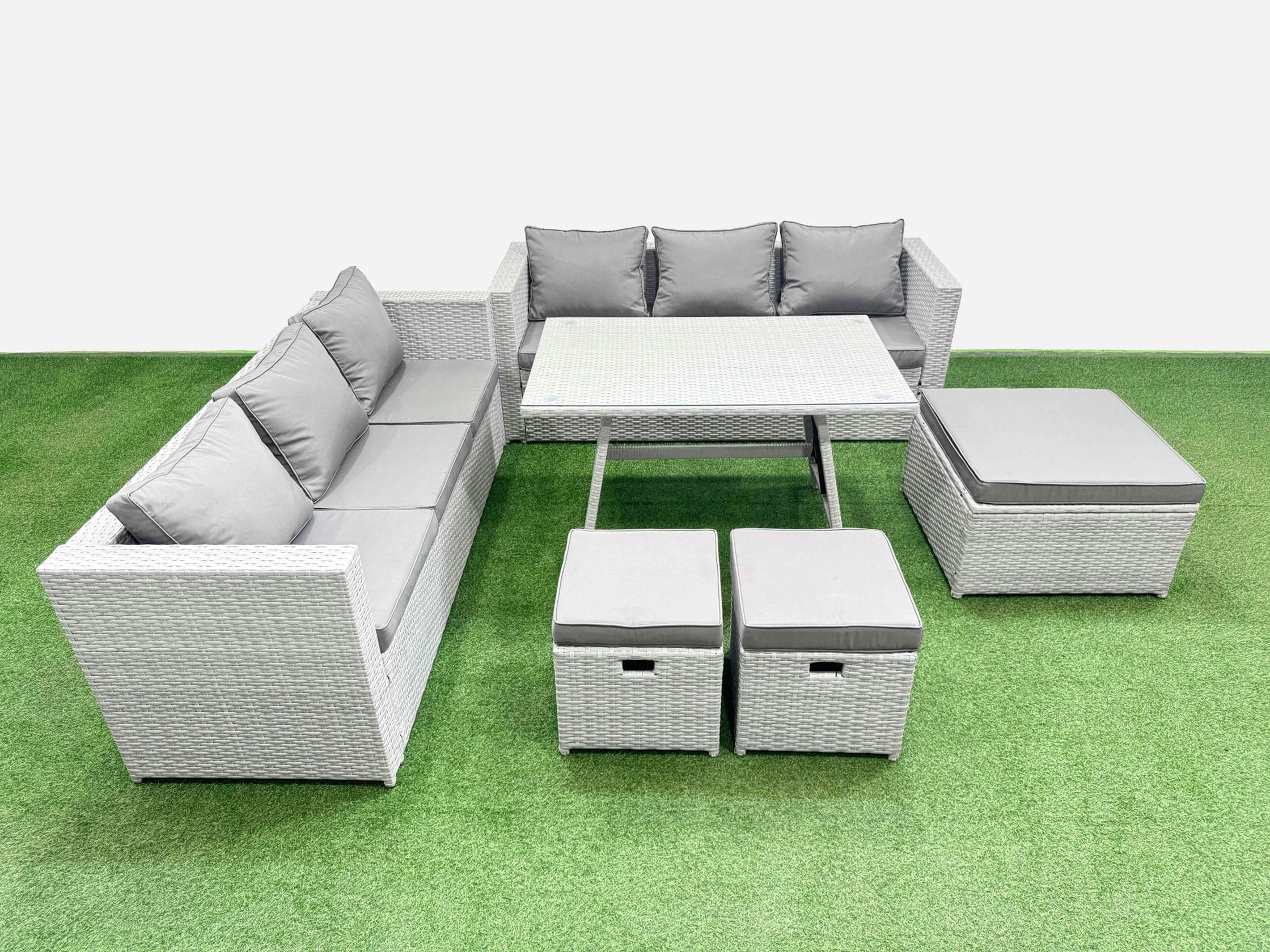 Rackhams Light/Grey Rattan Garden Furniture Dining Set 9 Seater Patio Rectangular Table 3 Seater Sofa Set With 3 Stools