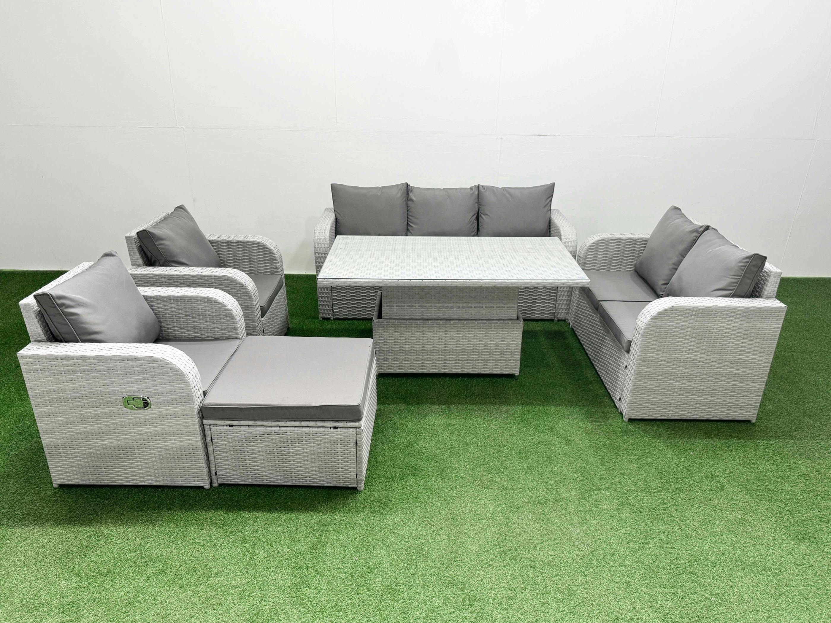 Fimous Light/Grey Pe Rattan Patio Set, Adj Height Table, Reclining Sofa, Double Love Seat, 2 Seater Lounge And Big Footstool,