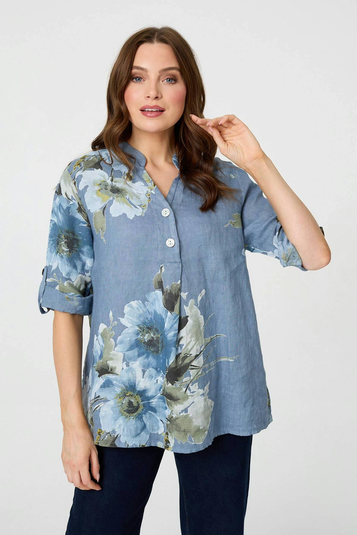 Izabel London Blue Floral Relaxed Turn-Up Sleeve Blouse - 16