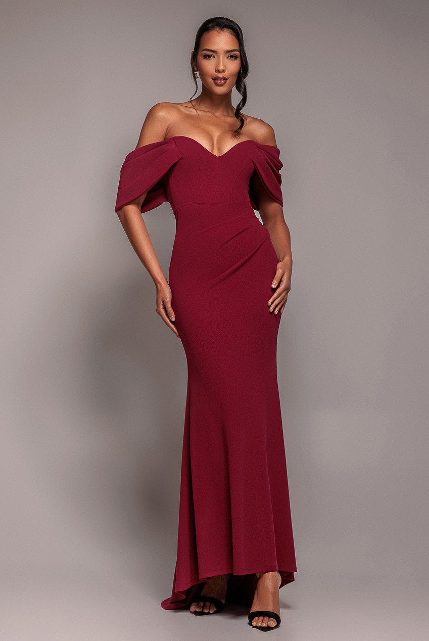 Goddiva Burgundy Off The Shoulder Draped Sleeve Maxi Dress - By - 12